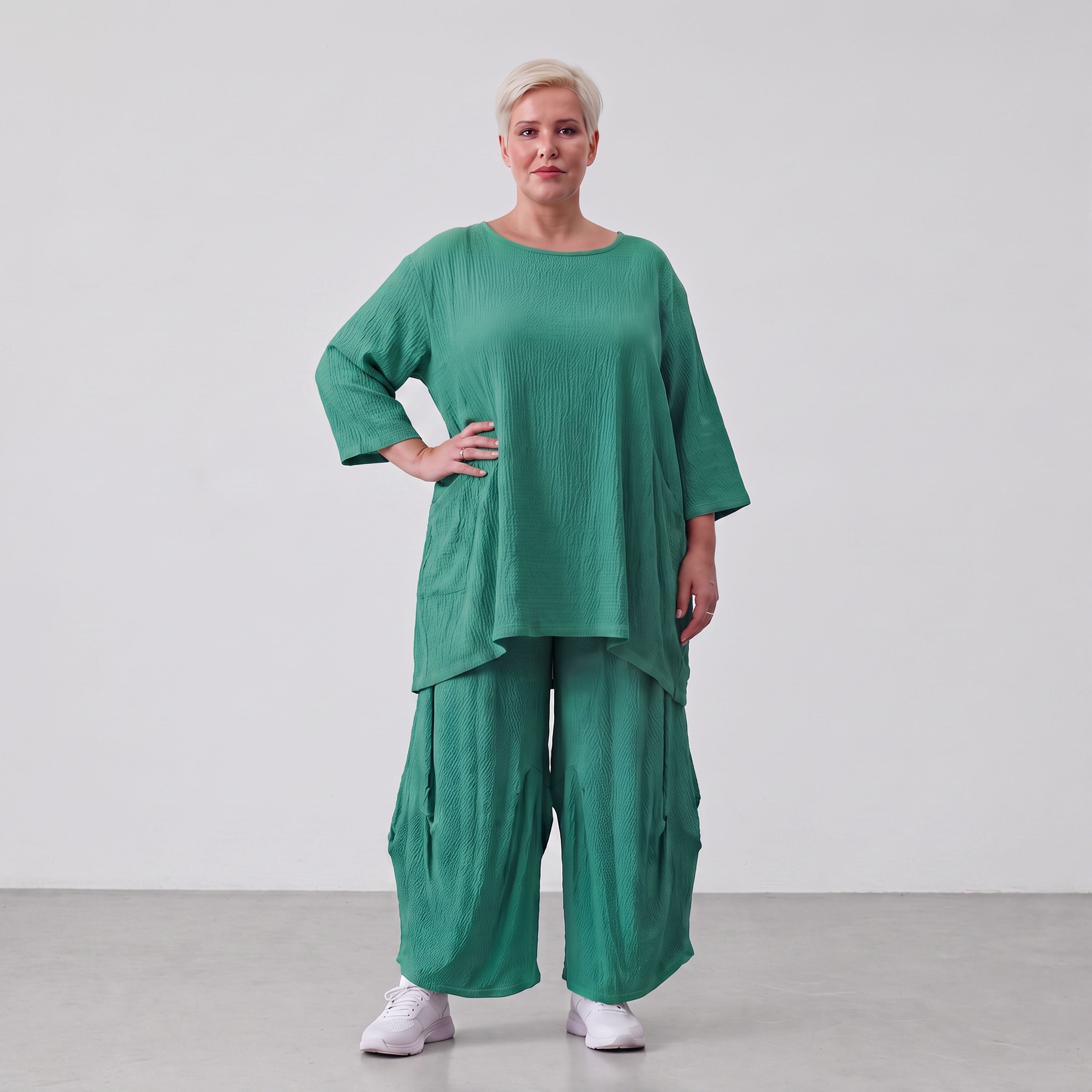 Damen Shirt Lagenlook Viskose Grün, A-Linie, Kurzarm, Oversize große Größen – AKH Fashion