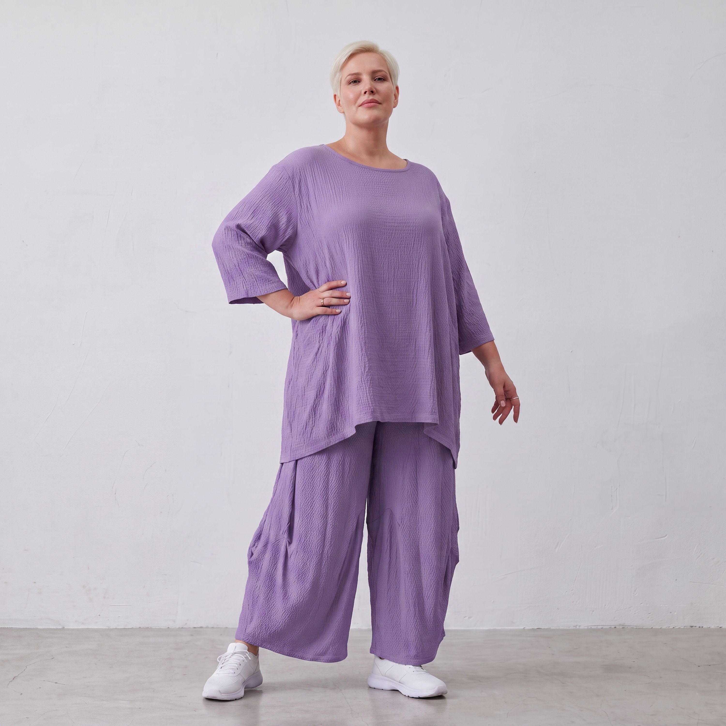 Damen Hose Lagenlook Viskose Lila, Ballonschnitt, Elastikbund, Oversize große Größen – AKH Fashion