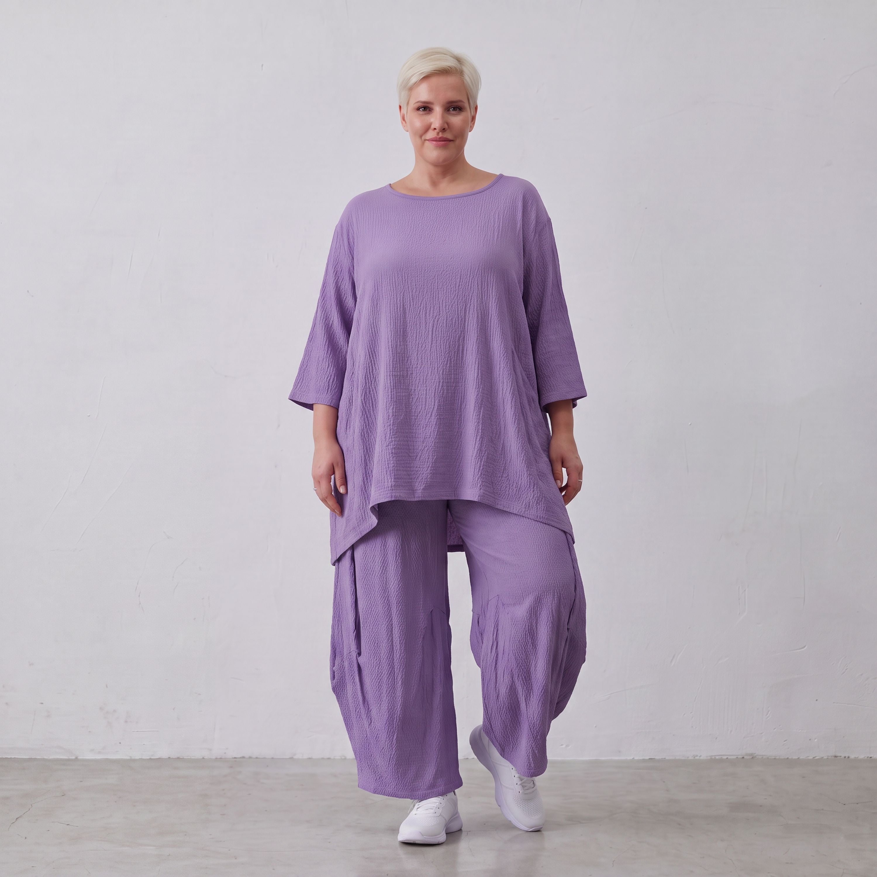 Damen Hose Lagenlook Viskose Lila, Ballonschnitt, Elastikbund, Oversize große Größen – AKH Fashion