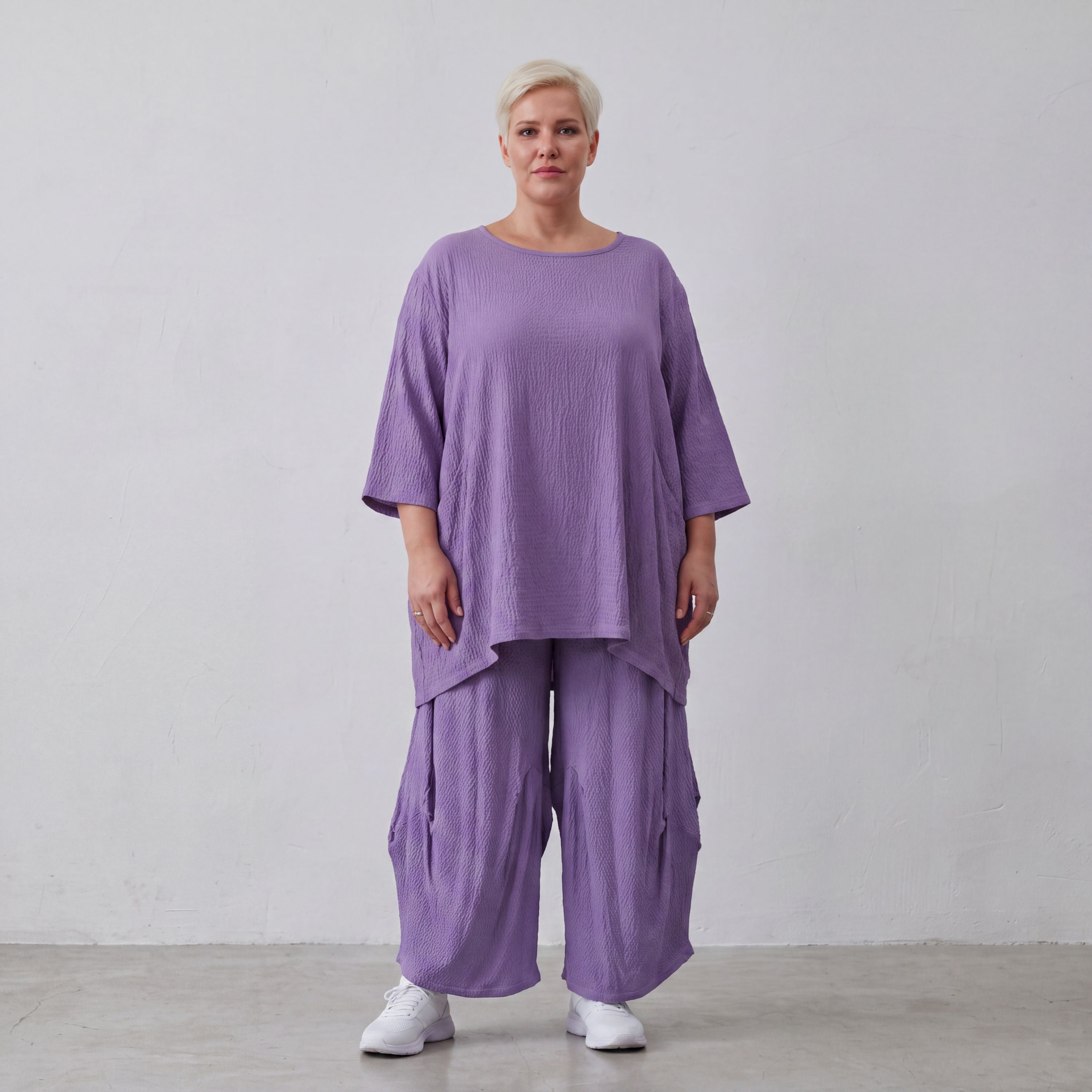 Damen Hose Lagenlook Viskose Lila, Ballonschnitt, Elastikbund, Oversize große Größen – AKH Fashion