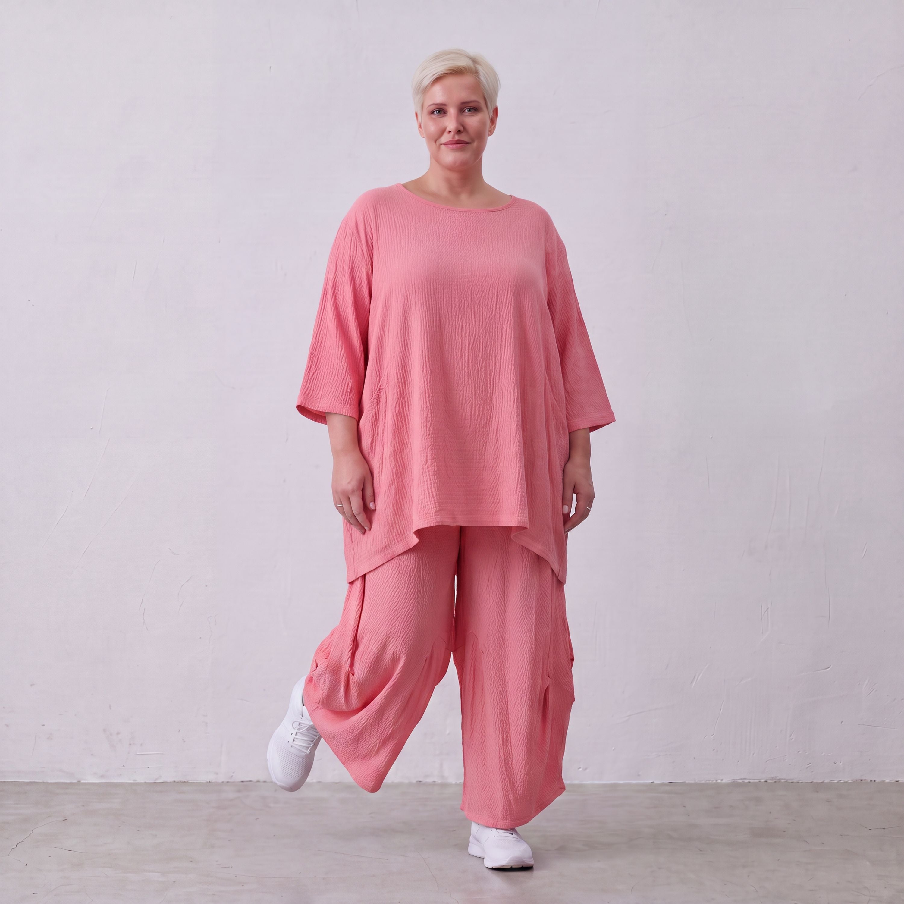 Damen Shirt Lagenlook Viskose Rosa, A-Linie, 3/4-Arm, Seitentaschen, Oversize große Größen – AKH Fashion