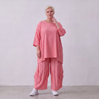 Damen Hose Lagenlook Viskose Rosa, Ballonschnitt, Elastikbund, Oversize große Größen – AKH Fashion