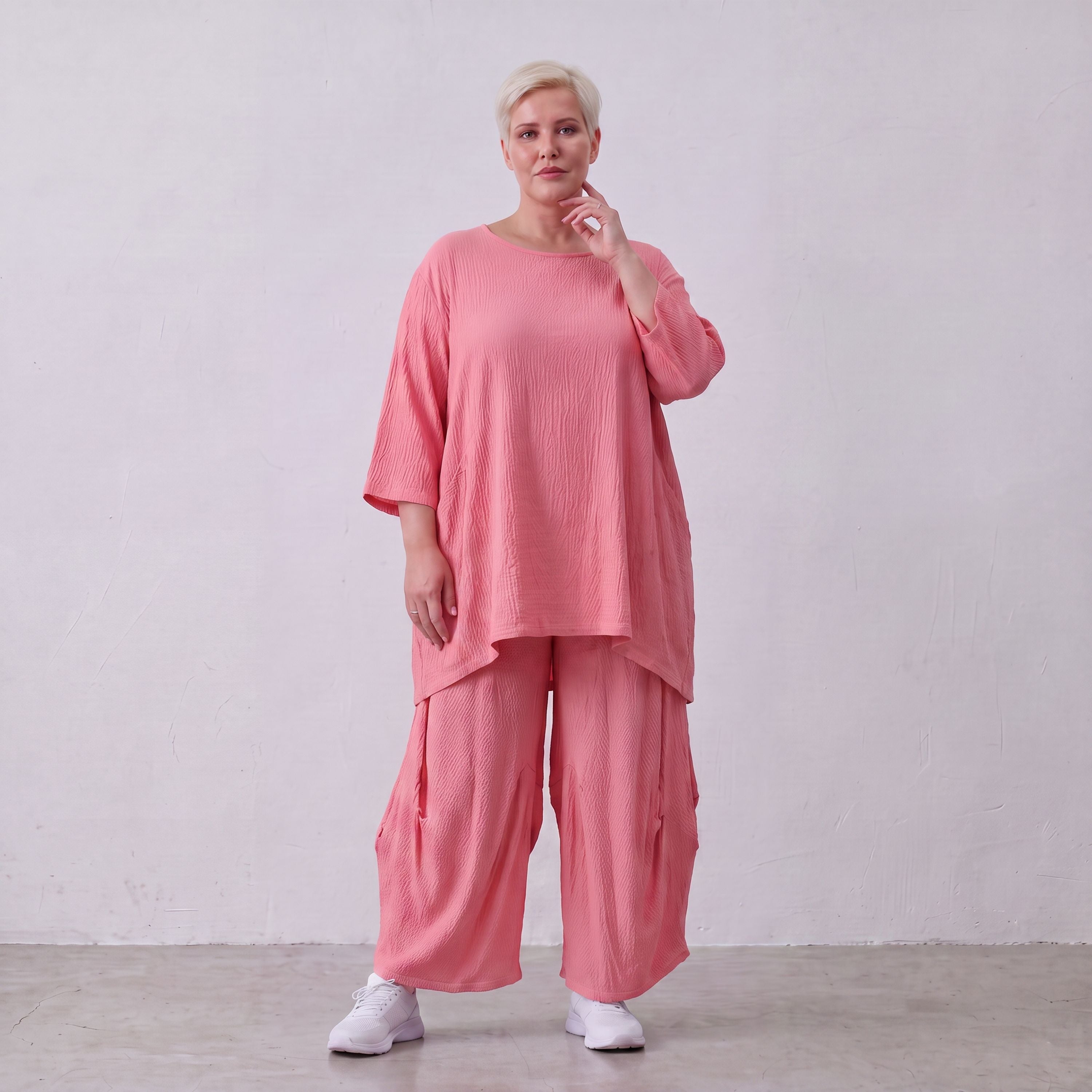 Damen Shirt Lagenlook Viskose Rosa, A-Linie, 3/4-Arm, Seitentaschen, Oversize große Größen – AKH Fashion