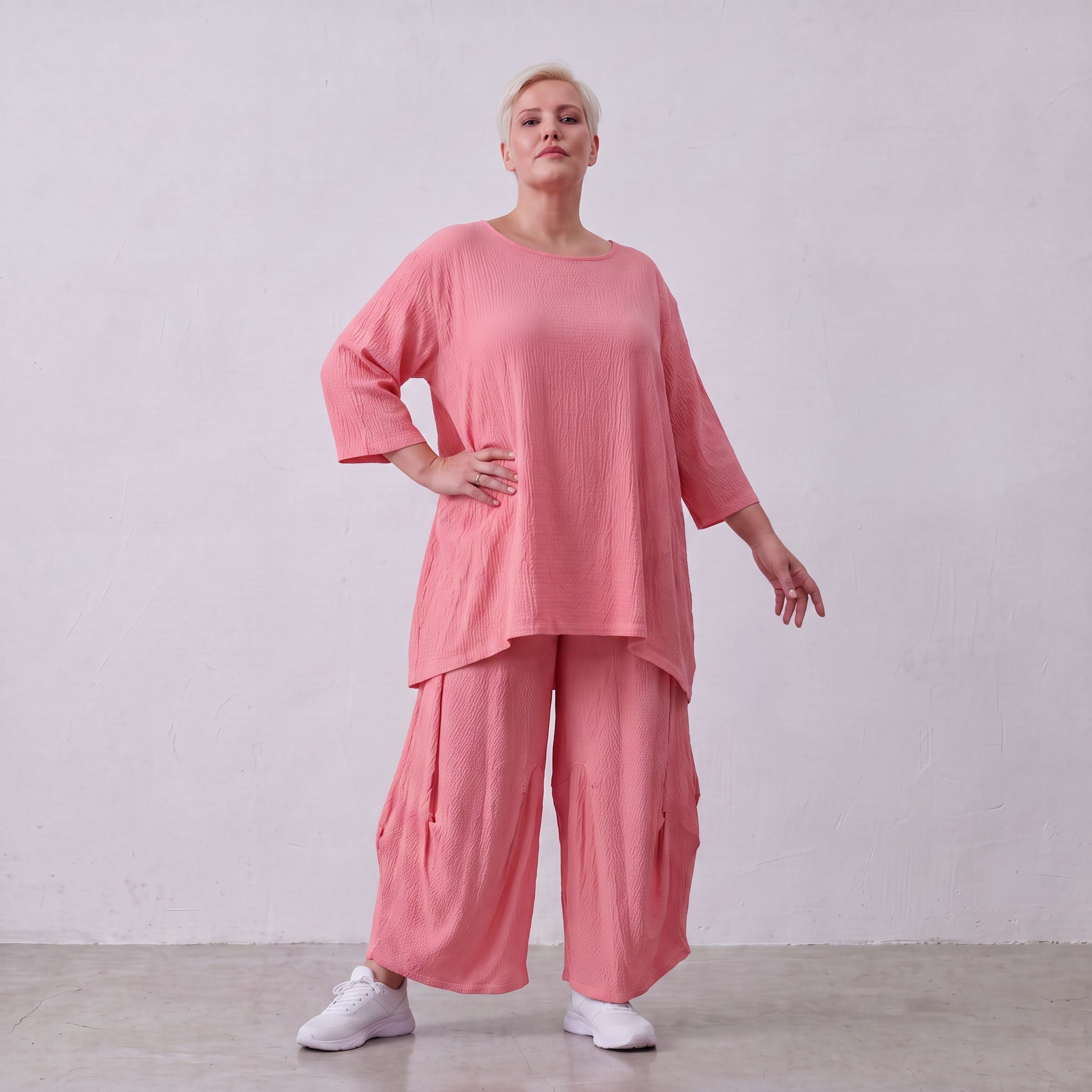 Damen Shirt Lagenlook Viskose Rosa, A-Linie, 3/4-Arm, Seitentaschen, Oversize große Größen – AKH Fashion