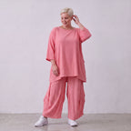Damen Hose Lagenlook Viskose Rosa, Ballonschnitt, Elastikbund, Oversize große Größen – AKH Fashion