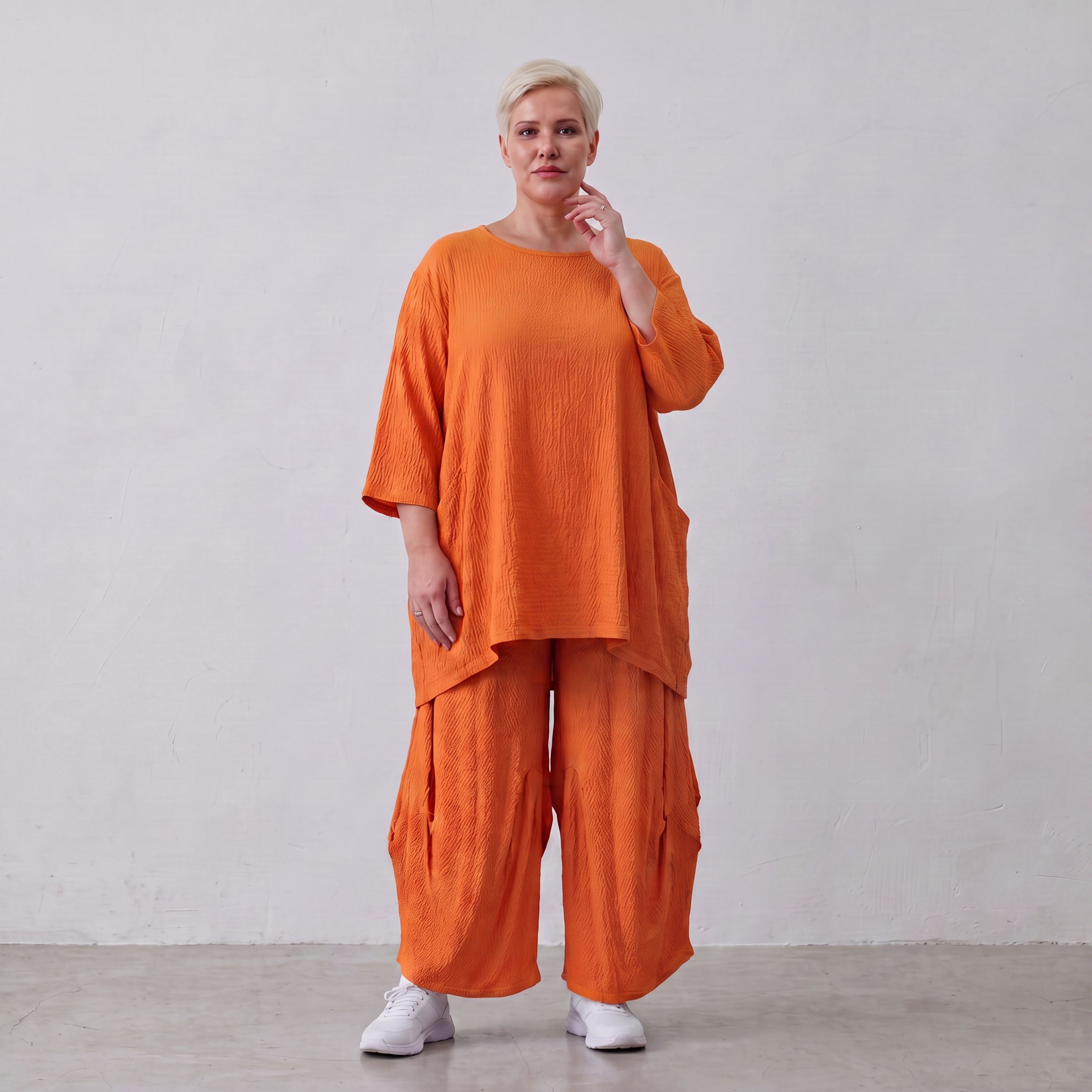 Damen Hose Lagenlook Viskose Orange, Ballonschnitt, Flügeltaschen, Oversize große Größen – AKH Fashion