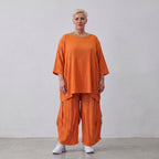Damen Hose Lagenlook Viskose Orange, Ballonschnitt, Flügeltaschen, Oversize große Größen – AKH Fashion