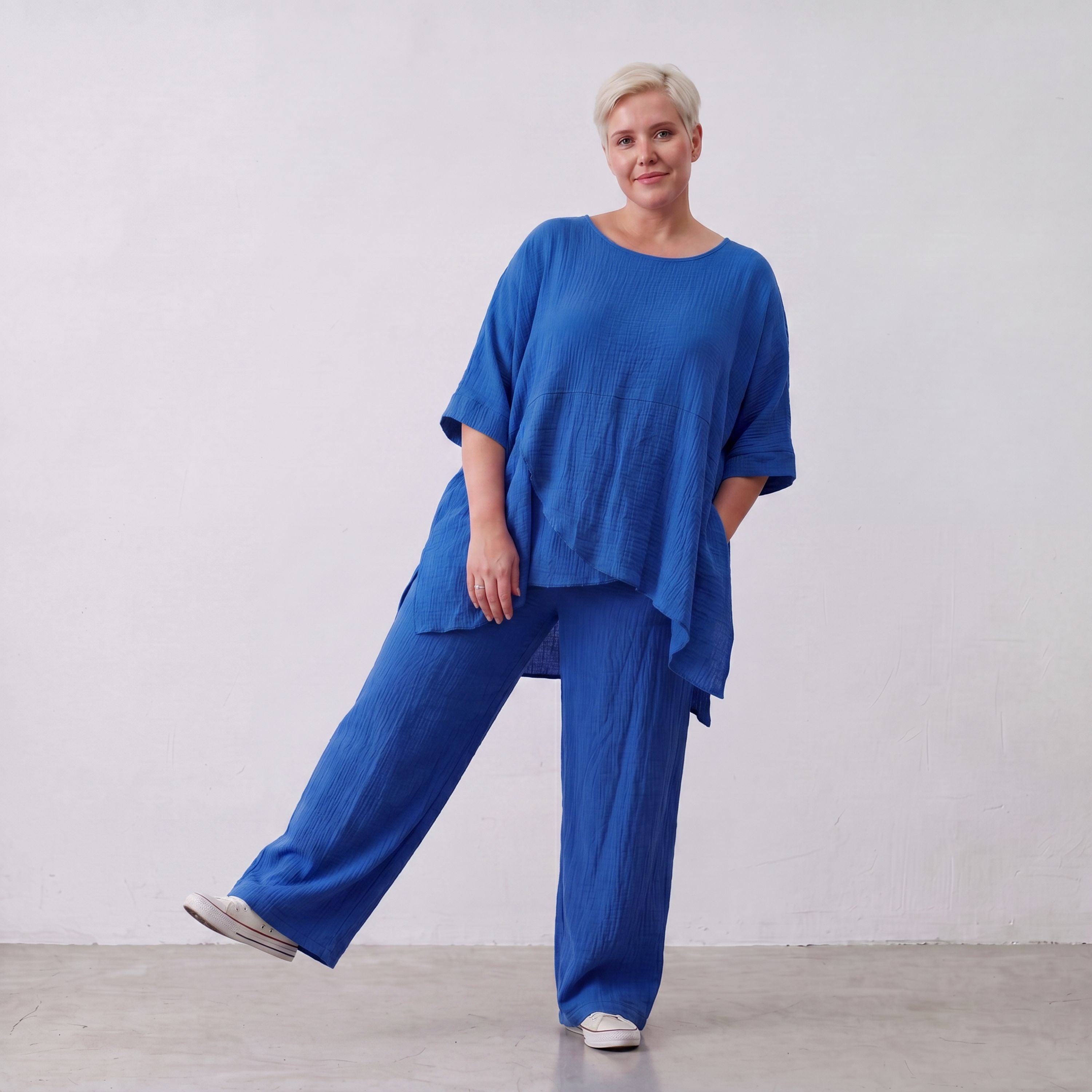 Damen Hose Lagenlook Viskose Royalblau, Elastikbund, Oversize große Größen – AKH Fashion