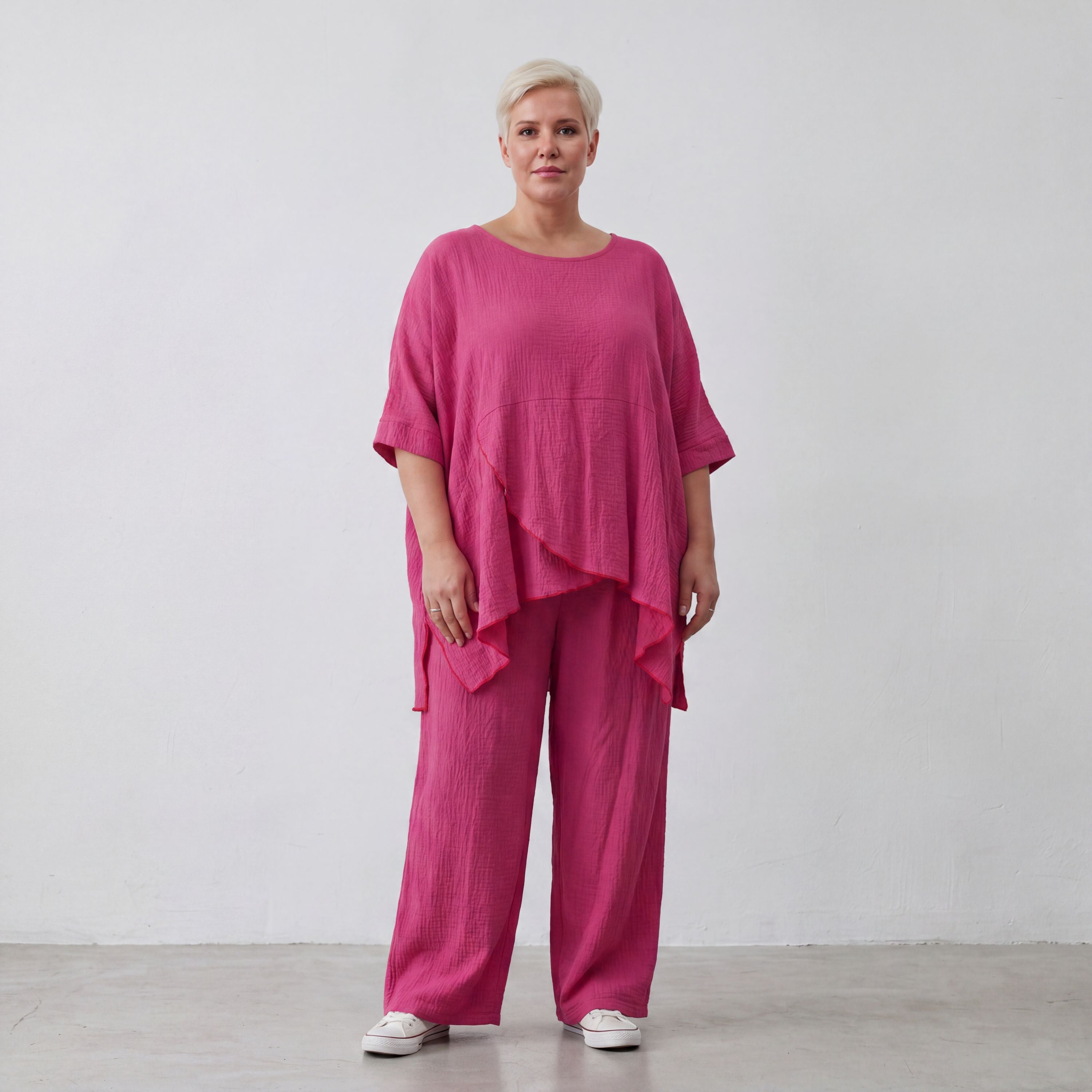 Damen Shirt Lagenlook Viskose Fuchsia, kastiger Schnitt, Kurzarm, Oversize große Größen – AKH Fashion