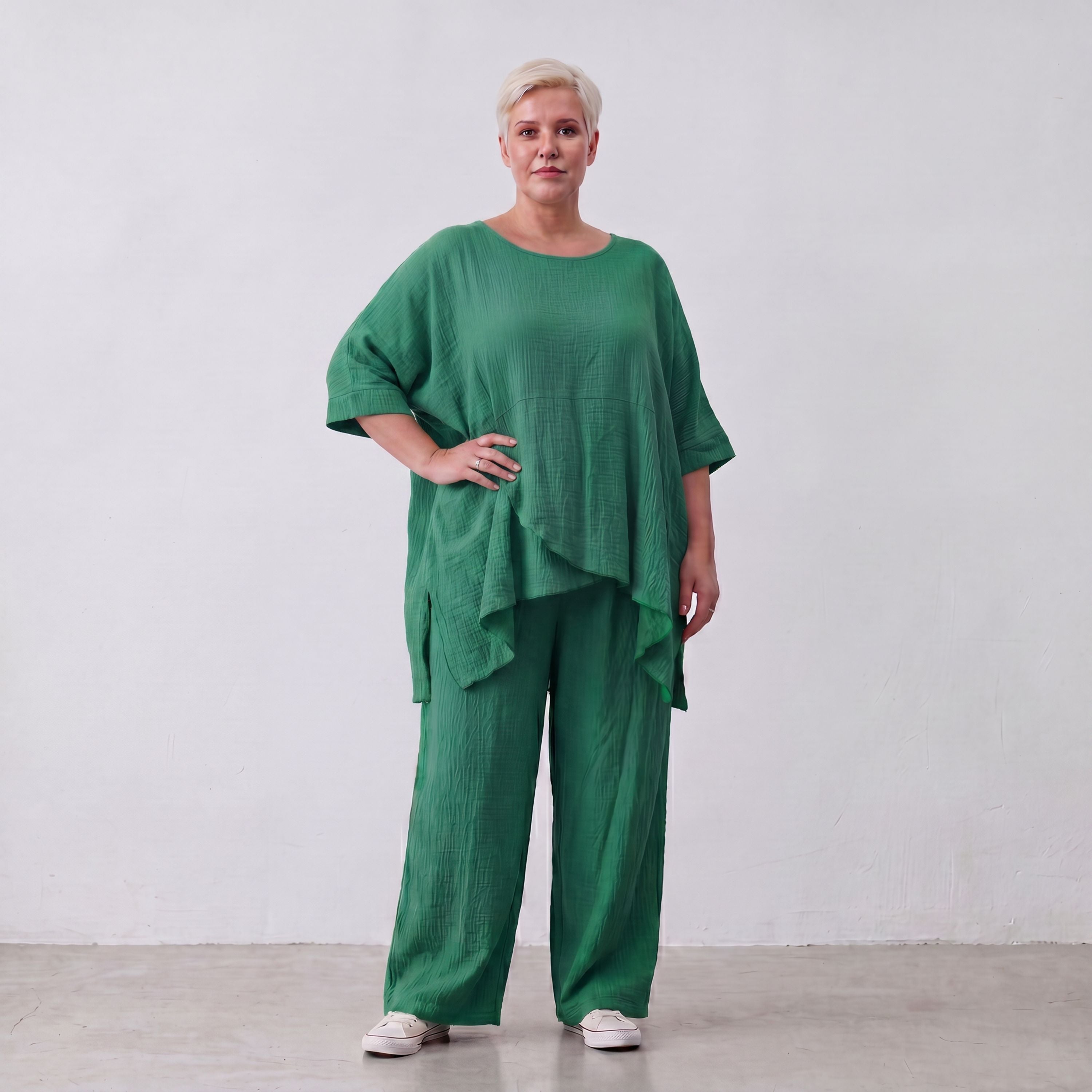 Damen Hose Lagenlook Viskose Grün, gerader Schnitt, Flügeltaschen, Oversize große Größen – AKH Fashion