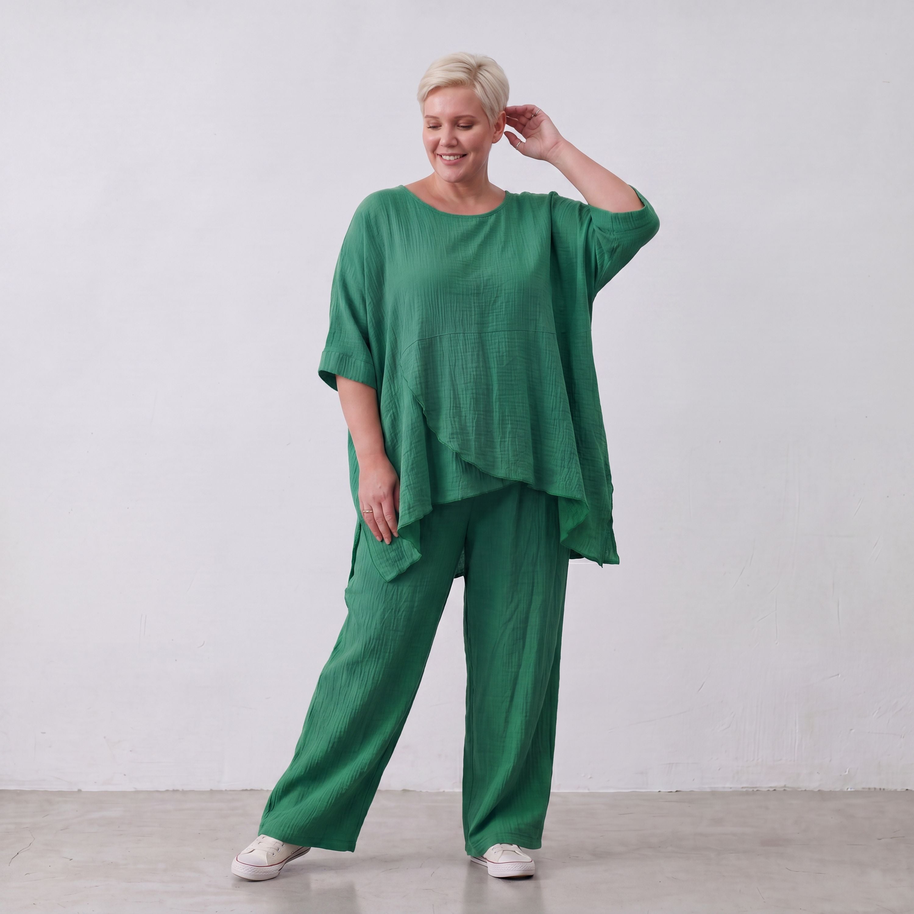 Damen Hose Lagenlook Viskose Grün, gerader Schnitt, Flügeltaschen, Oversize große Größen – AKH Fashion