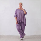 Damen Hose Lagenlook Viskose Lila, gerader Schnitt, Flügeltaschen, Oversize große Größen – AKH Fashion