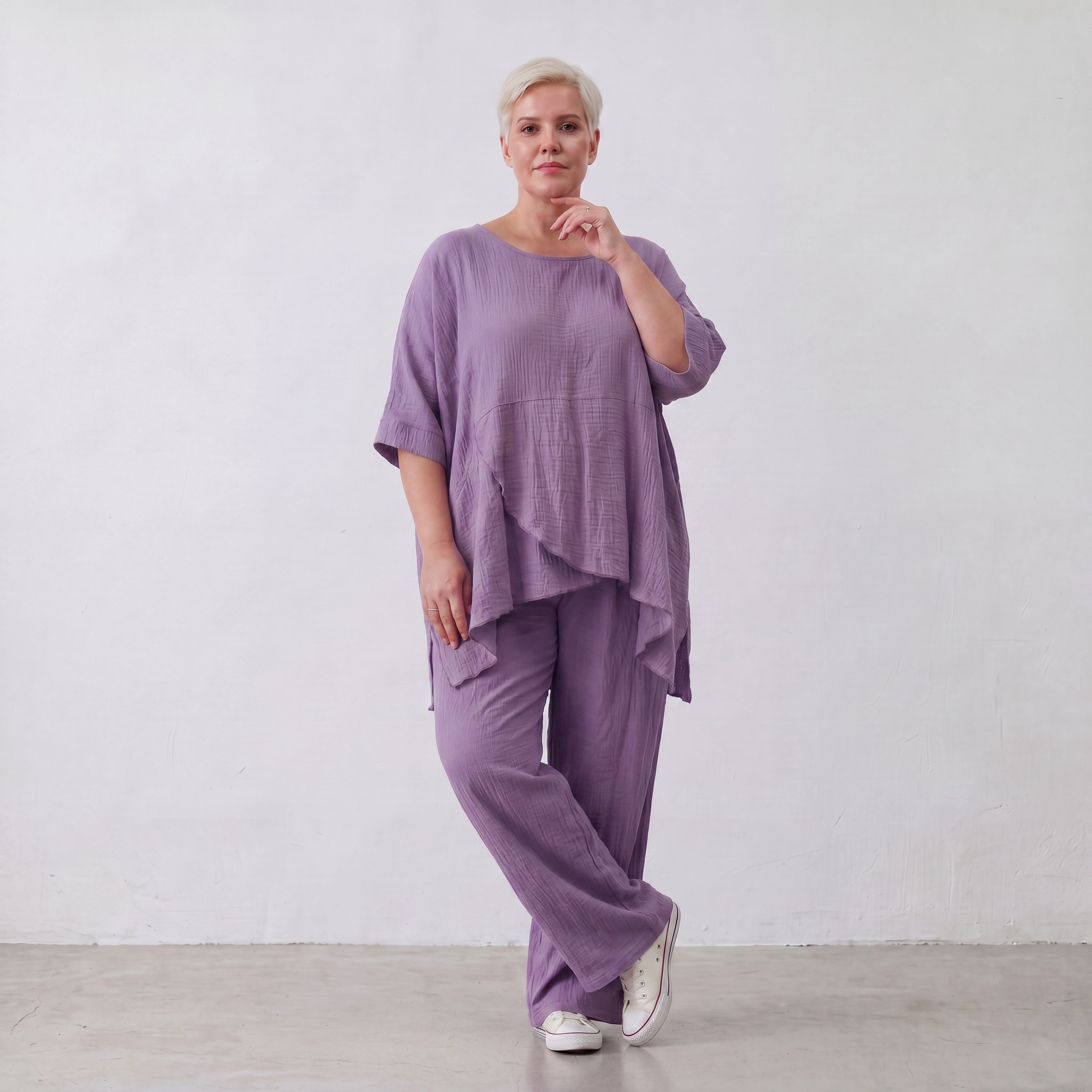 Damen Shirt Lagenlook Viskose Lila, kastiger Schnitt, Kurzarm, Oversize große Größen – AKH Fashion