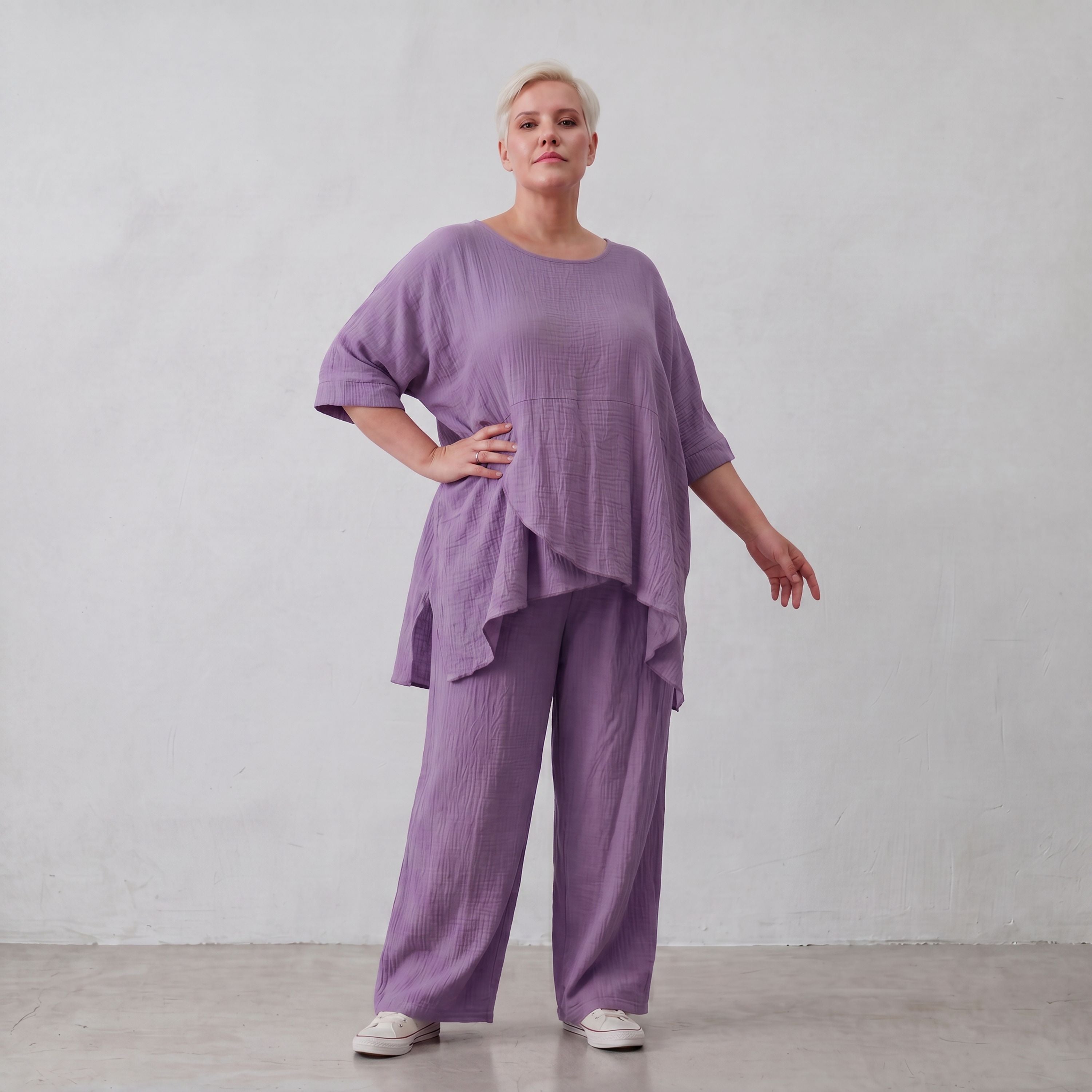 Damen Hose Lagenlook Viskose Lila, gerader Schnitt, Flügeltaschen, Oversize große Größen – AKH Fashion
