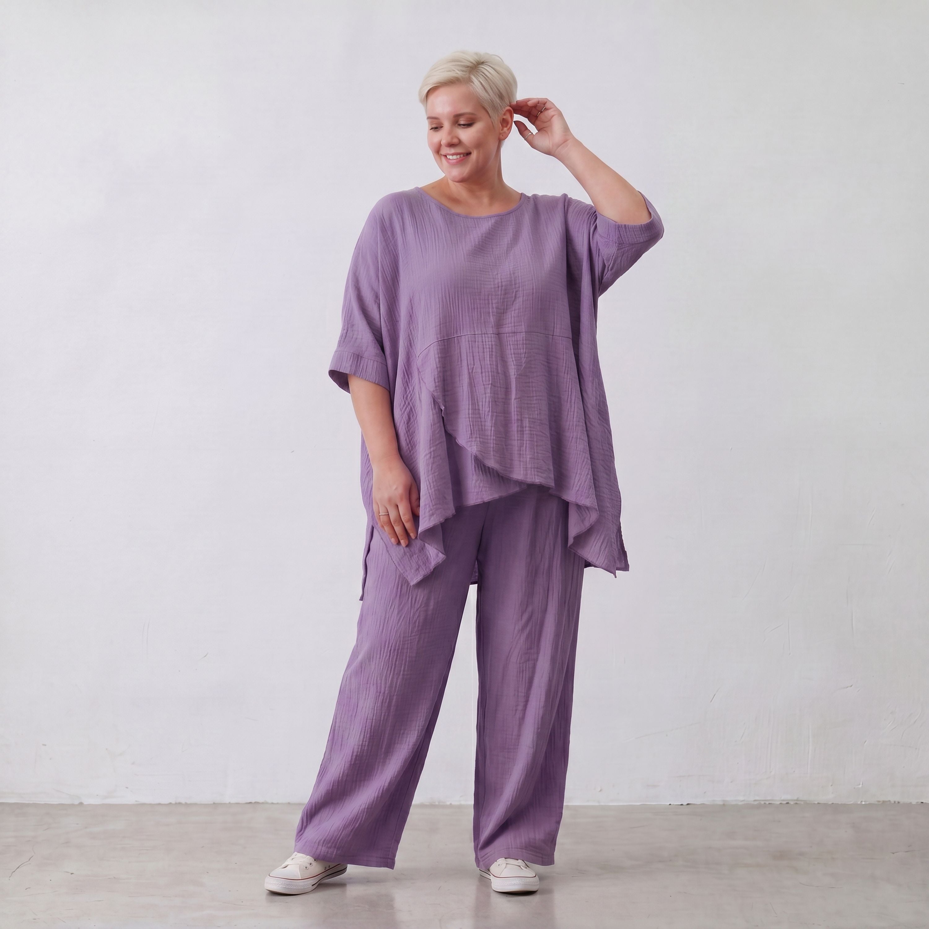 Damen Hose Lagenlook Viskose Lila, gerader Schnitt, Flügeltaschen, Oversize große Größen – AKH Fashion
