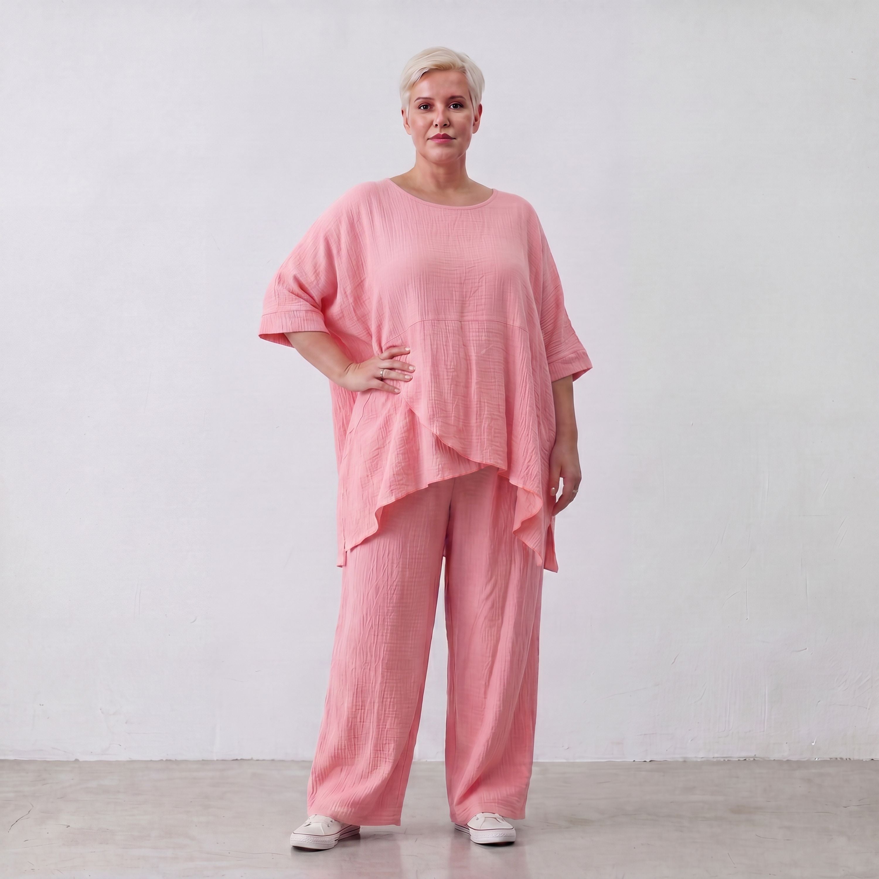 Damen Hose Lagenlook Viskose Rosa, gerader Schnitt, Elastikbund, Oversize große Größen – AKH Fashion