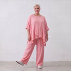 Damen Hose Lagenlook Viskose Rosa, gerader Schnitt, Elastikbund, Oversize große Größen – AKH Fashion