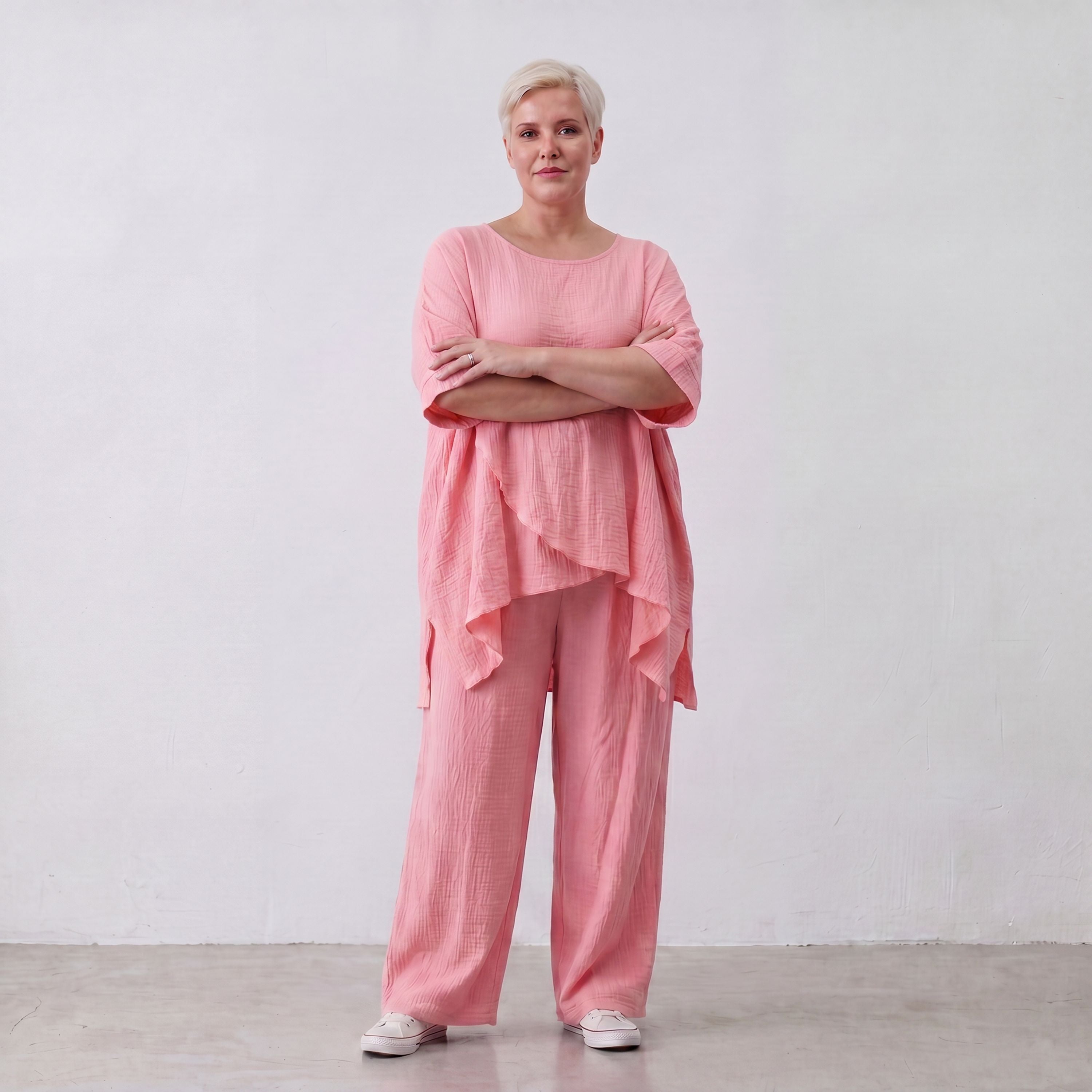 Damen Hose Lagenlook Viskose Rosa, gerader Schnitt, Elastikbund, Oversize große Größen – AKH Fashion