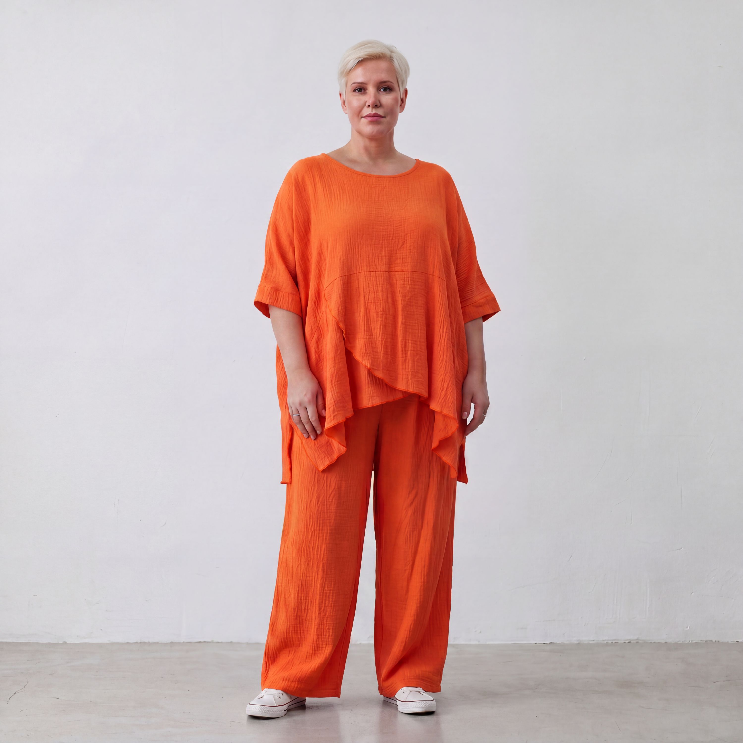 Damen Hose Lagenlook Viskose Orange, gerader Schnitt, Elastikbund, Oversize große Größen – AKH Fashion