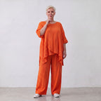 Damen Hose Lagenlook Viskose Orange, gerader Schnitt, Elastikbund, Oversize große Größen – AKH Fashion