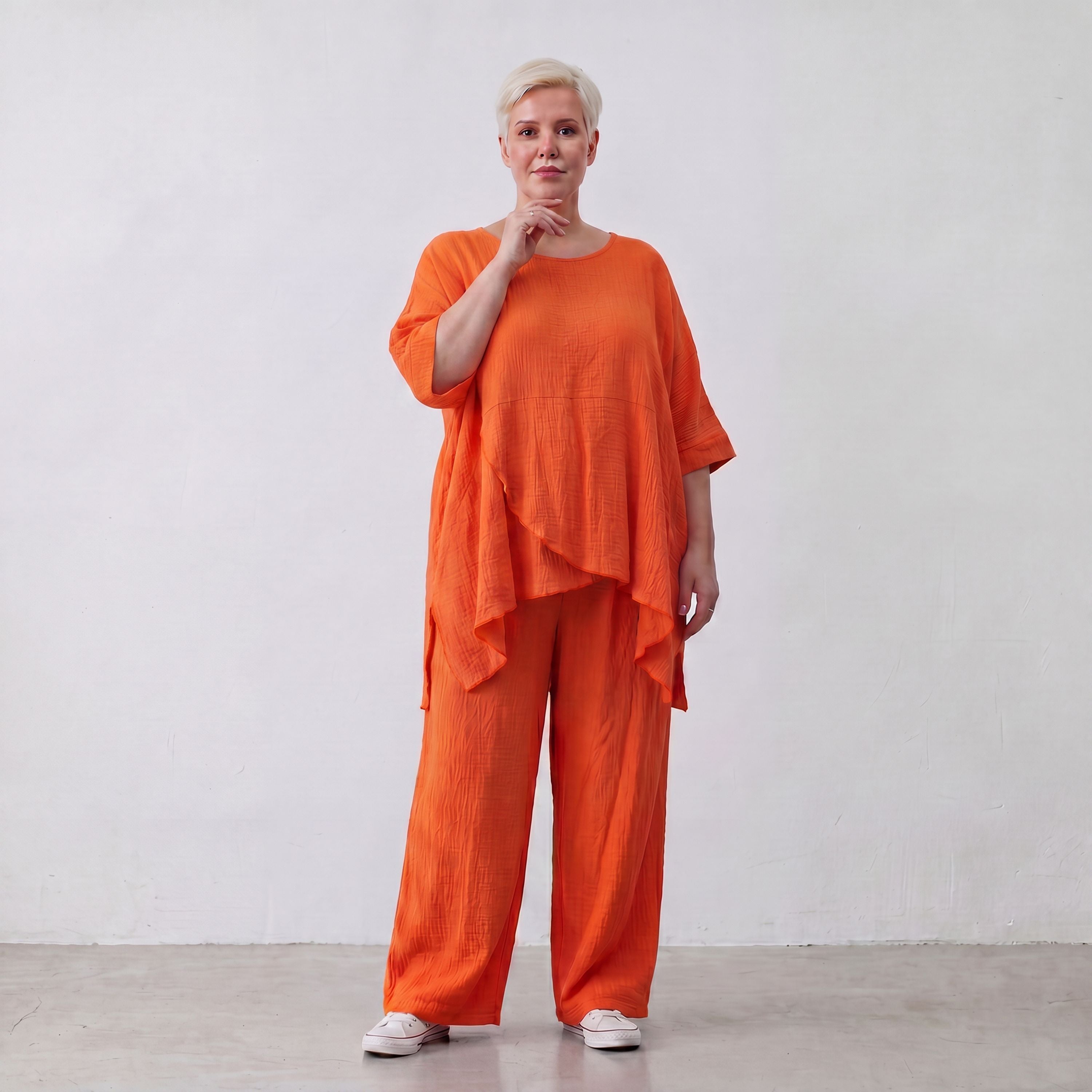 Damen Shirt Lagenlook Viskose Orange, kastiger Schnitt, Kurzarm, Oversize große Größen – AKH Fashion
