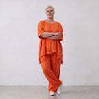Damen Hose Lagenlook Viskose Orange, gerader Schnitt, Elastikbund, Oversize große Größen – AKH Fashion