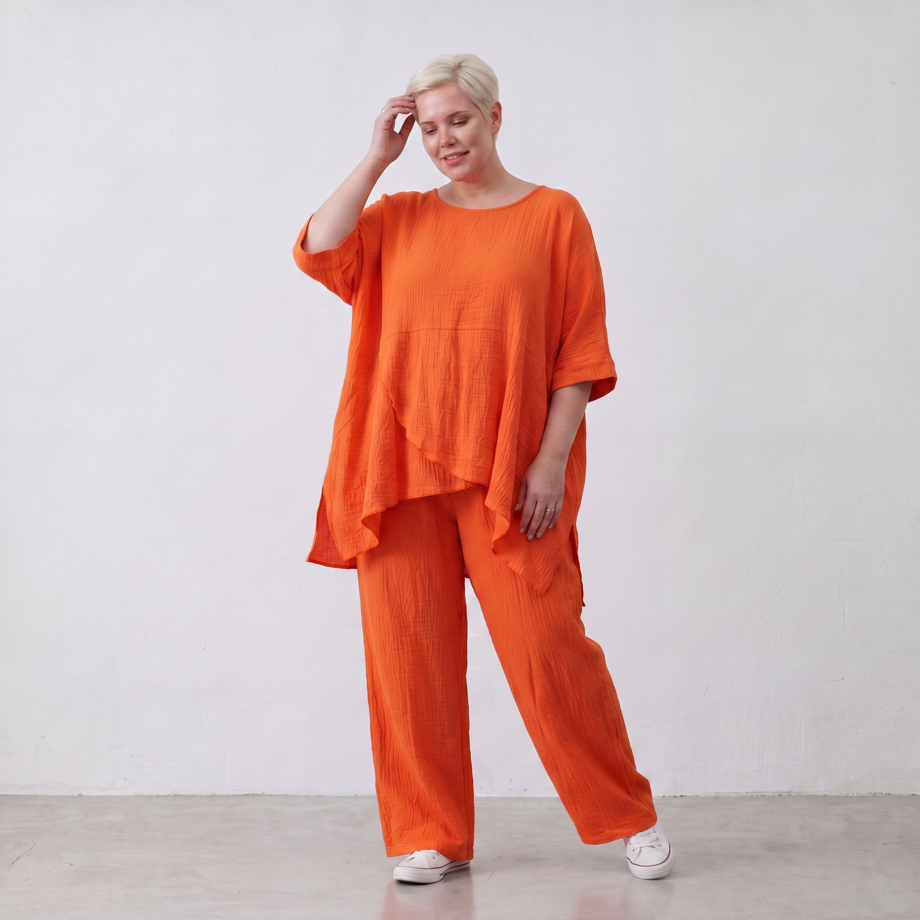 Damen Hose Lagenlook Viskose Orange, gerader Schnitt, Elastikbund, Oversize große Größen – AKH Fashion