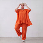 Damen Hose Lagenlook Viskose Orange, gerader Schnitt, Elastikbund, Oversize große Größen – AKH Fashion
