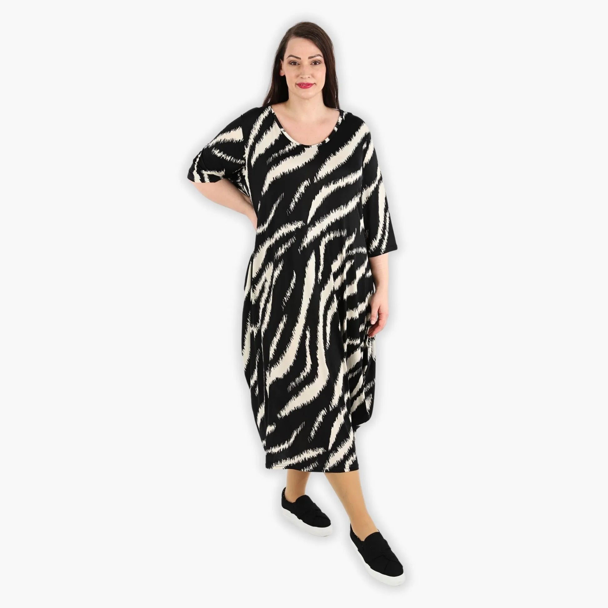  Ballonkleid von AKH Fashion aus Viskose, 1293.01926, Schwarz-Ecru, Zebra, Schick, Modern