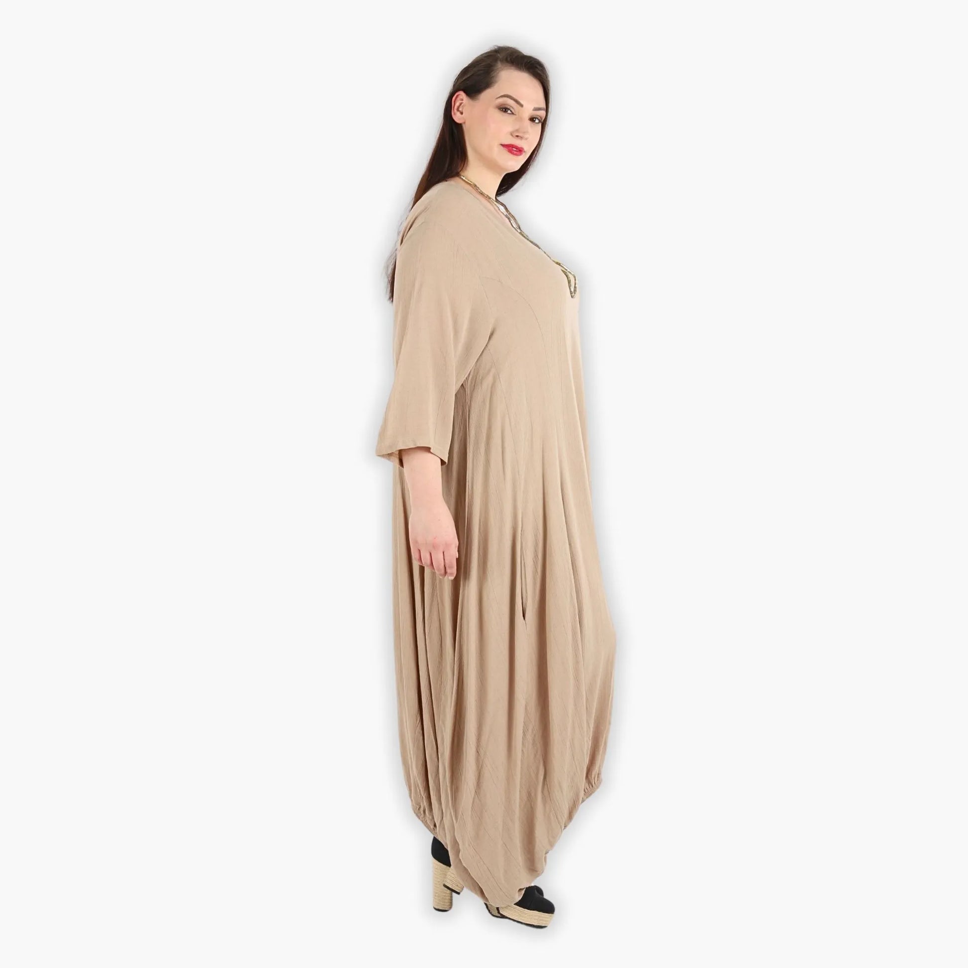  Bezauberndes Ballonkleid in Beige mit elastischem Bund und praktischen Nahttaschen für Plus Size Fashion