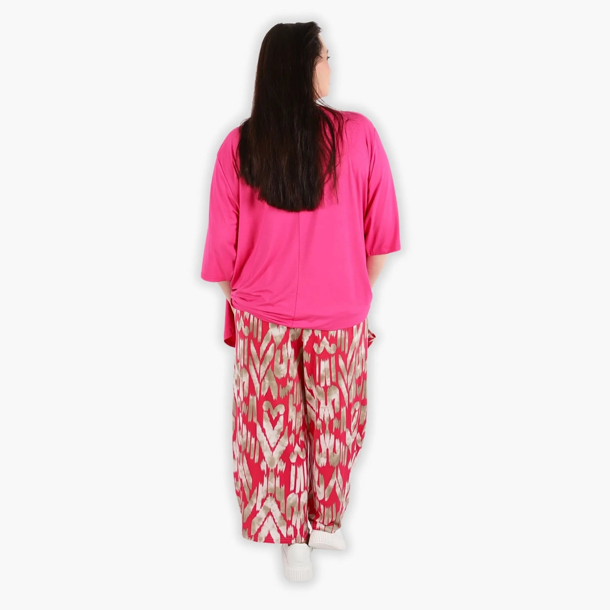  Lässige Ballonhose mit fuchsia-beigem Grafikmuster aus leichtem Viskose-Slinky für plus Size