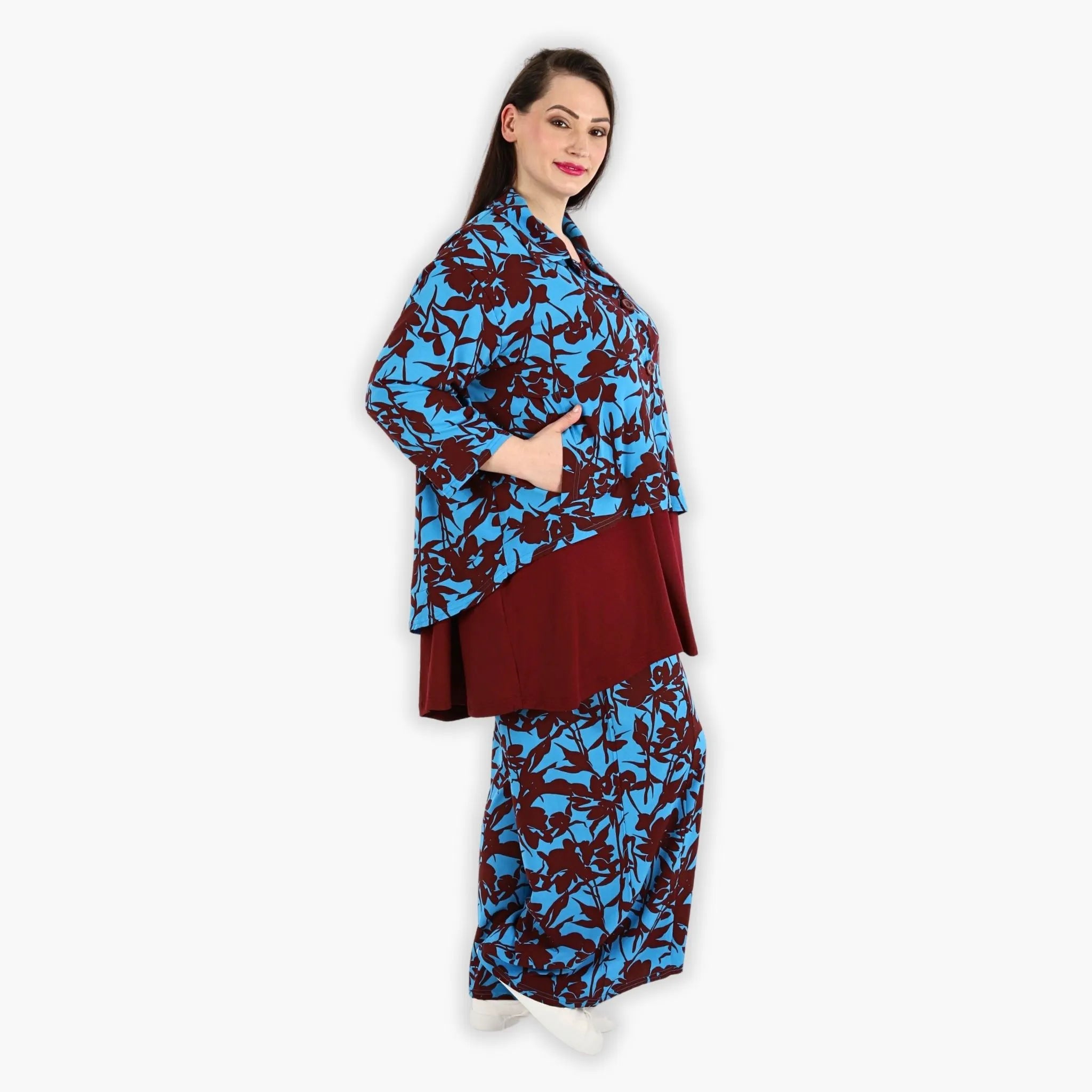  AKH Fashion Jacke in gerundeter Form, aus Viskose, 1304.06910, Maroon-Blau, Blumen