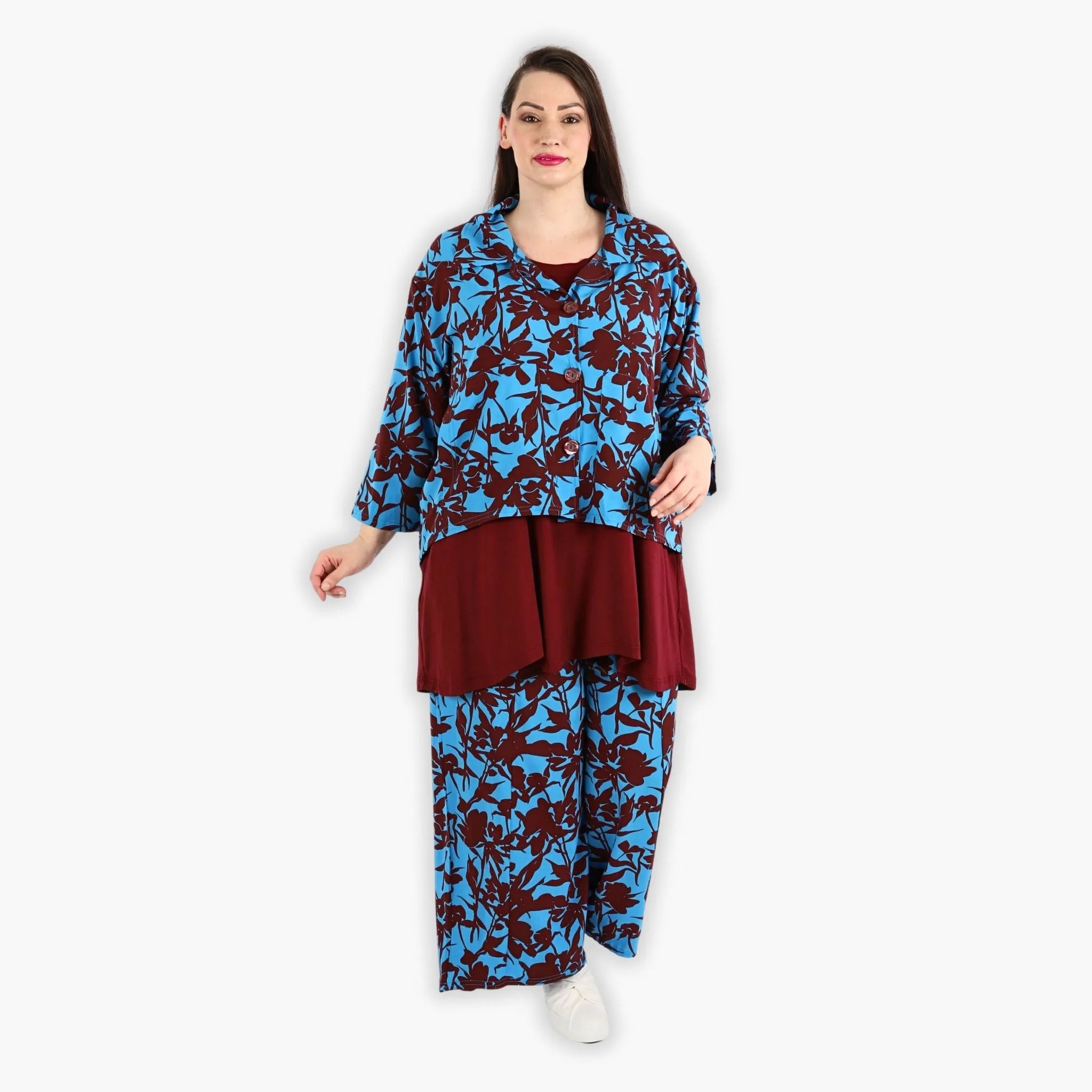  AKH Fashion Jacke in gerundeter Form, aus Viskose, 1304.06910, Maroon-Blau, Blumen