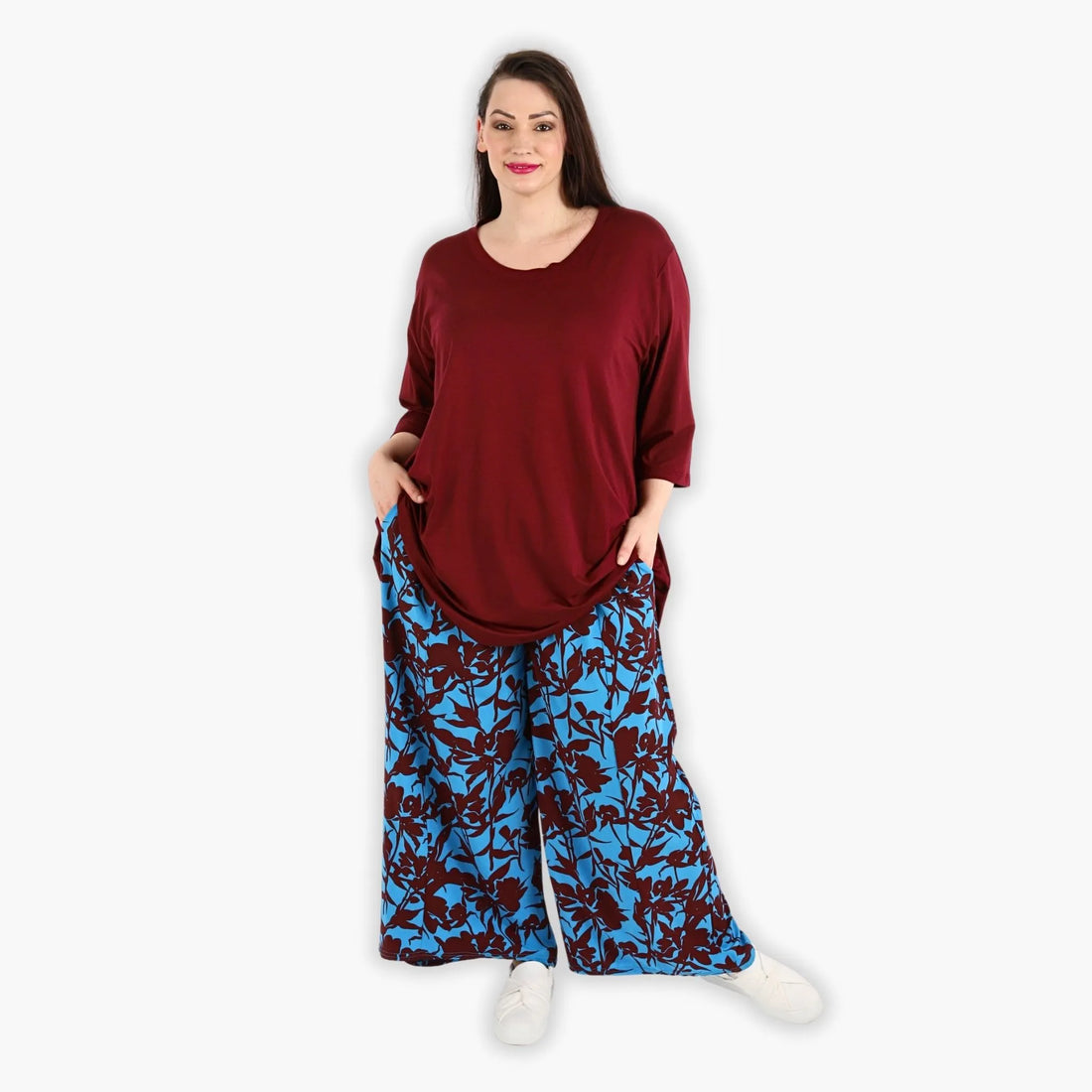  AKH Fashion Hose in gerader Form, aus Viskose, 1304.06927, Maroon-Blau, Blumen, Schick