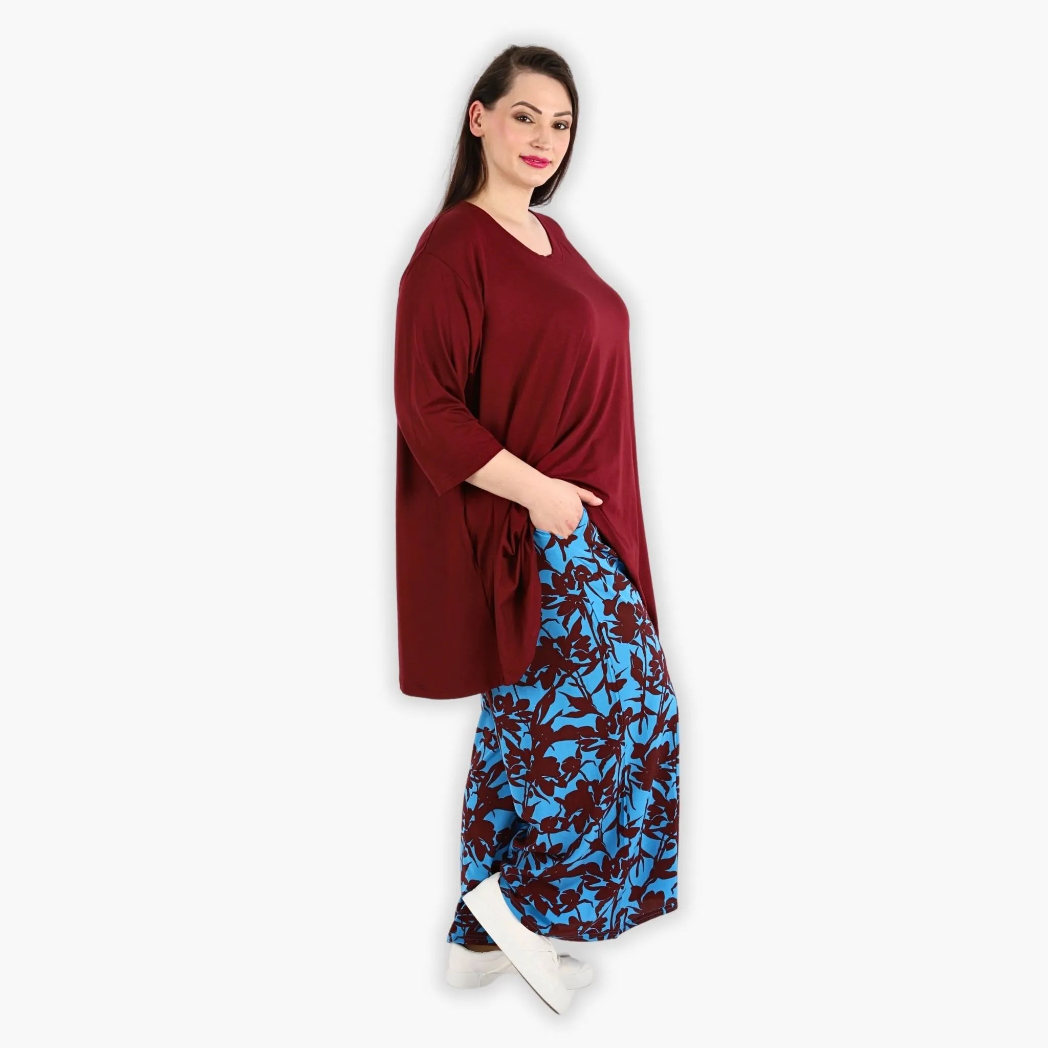  AKH Fashion Hose in gerader Form, aus Viskose, 1304.06927, Maroon-Blau, Blumen, Schick