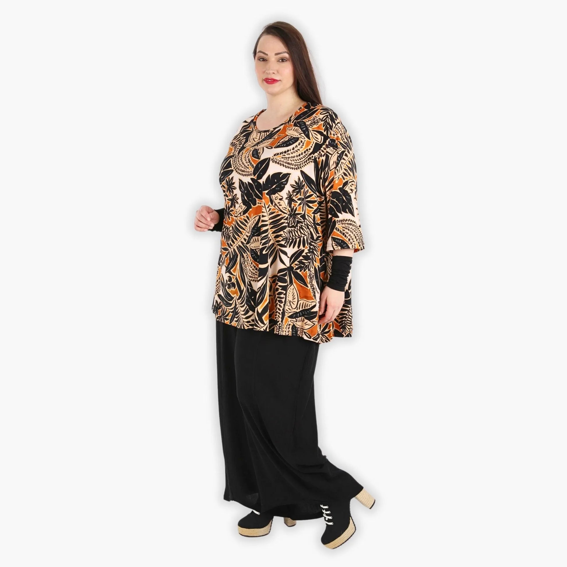  A-Form Bigshirt von AKH Fashion aus Viskose, 1307.00593, Schwarz-Cognac-Beige, Ausgefallen