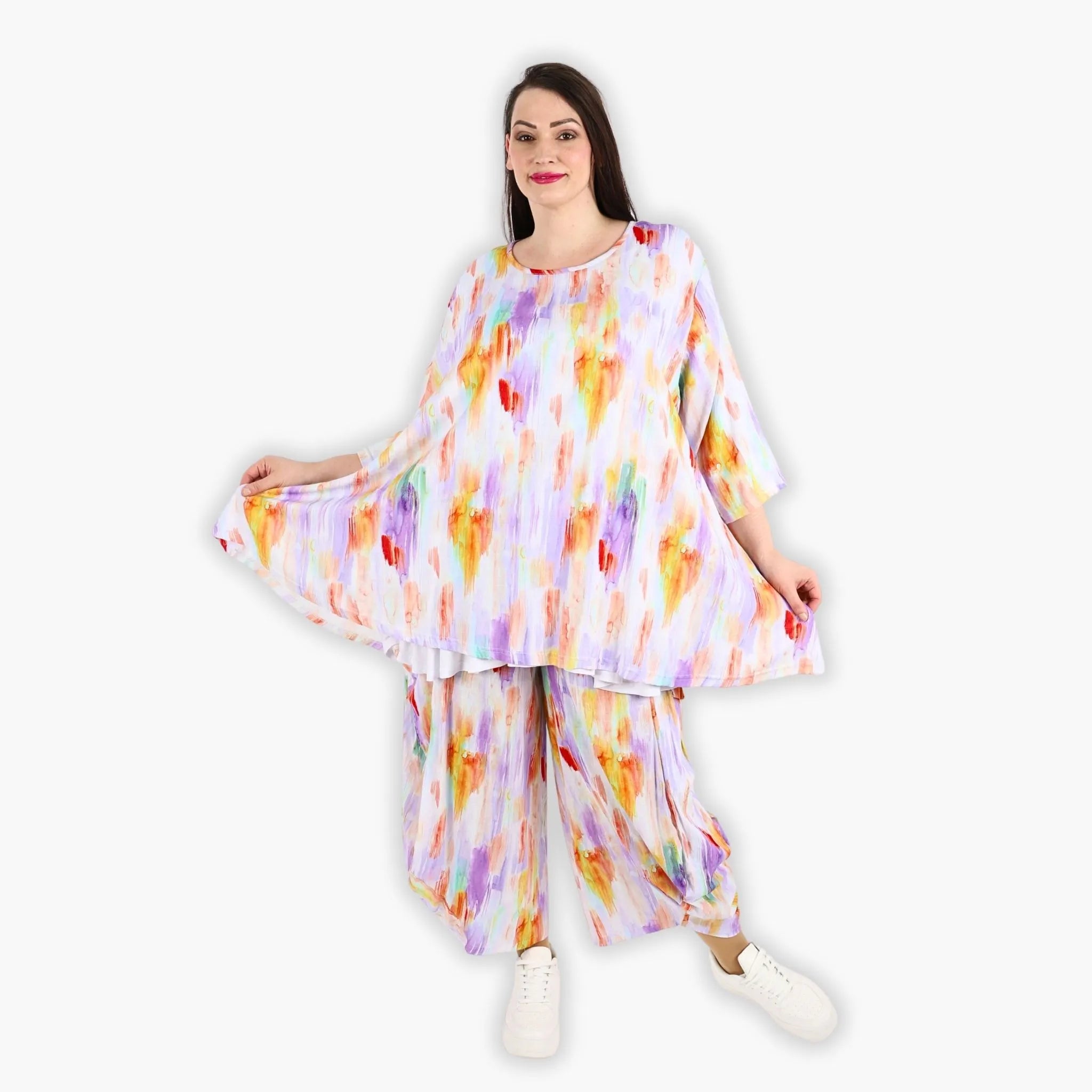  A-Form Bigshirt von AKH Fashion aus Viskose, 1308.00593, Weiß-Flieder-Orange, Farbmix