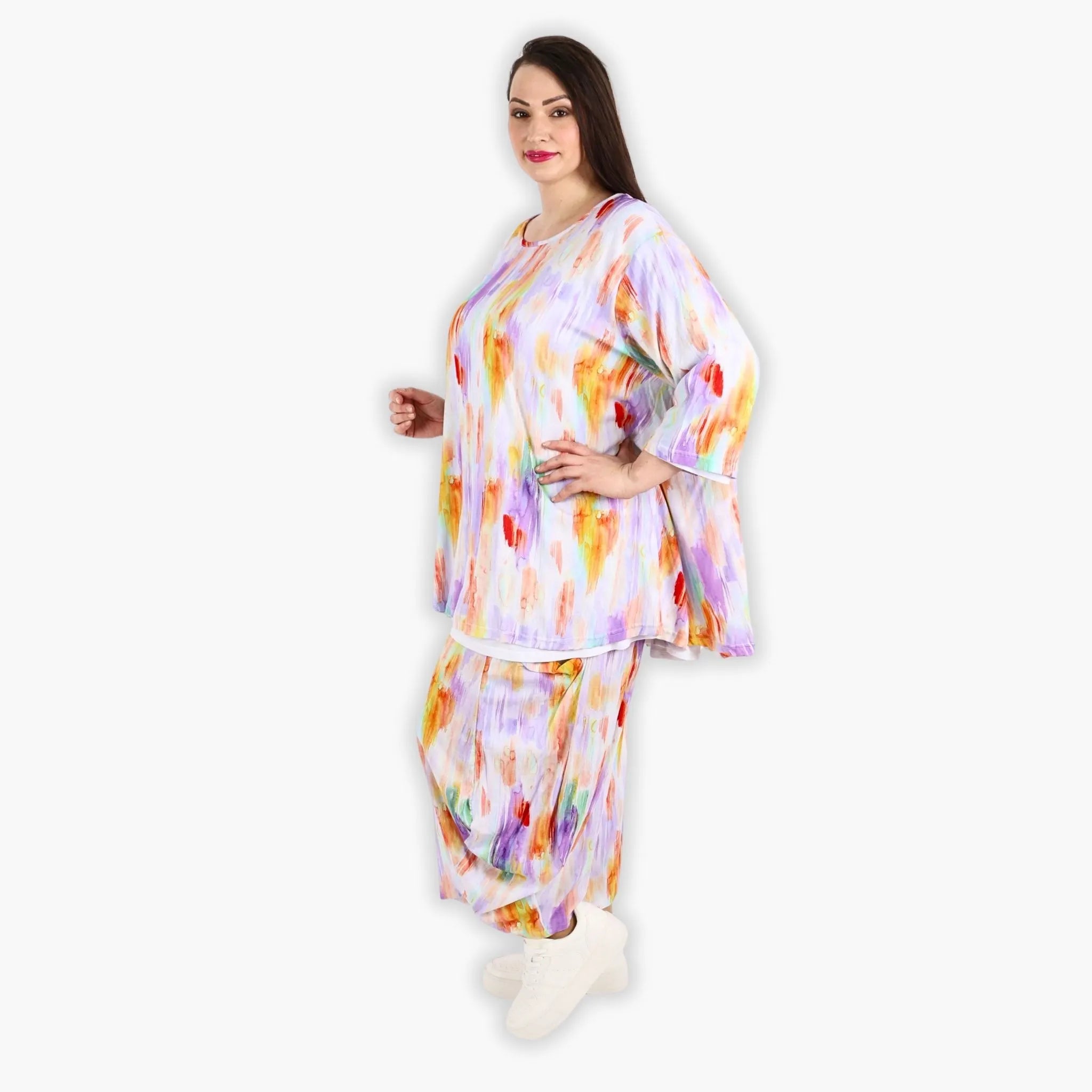  A-Form Bigshirt von AKH Fashion aus Viskose, 1308.00593, Weiß-Flieder-Orange, Farbmix