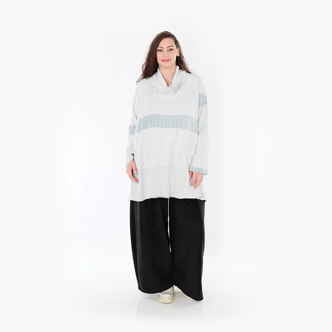  A-Form Bigshirt von AKH Fashion aus Viskose, 1377.0593R, Blau-Ecru, Gerippt, Schick, Modern