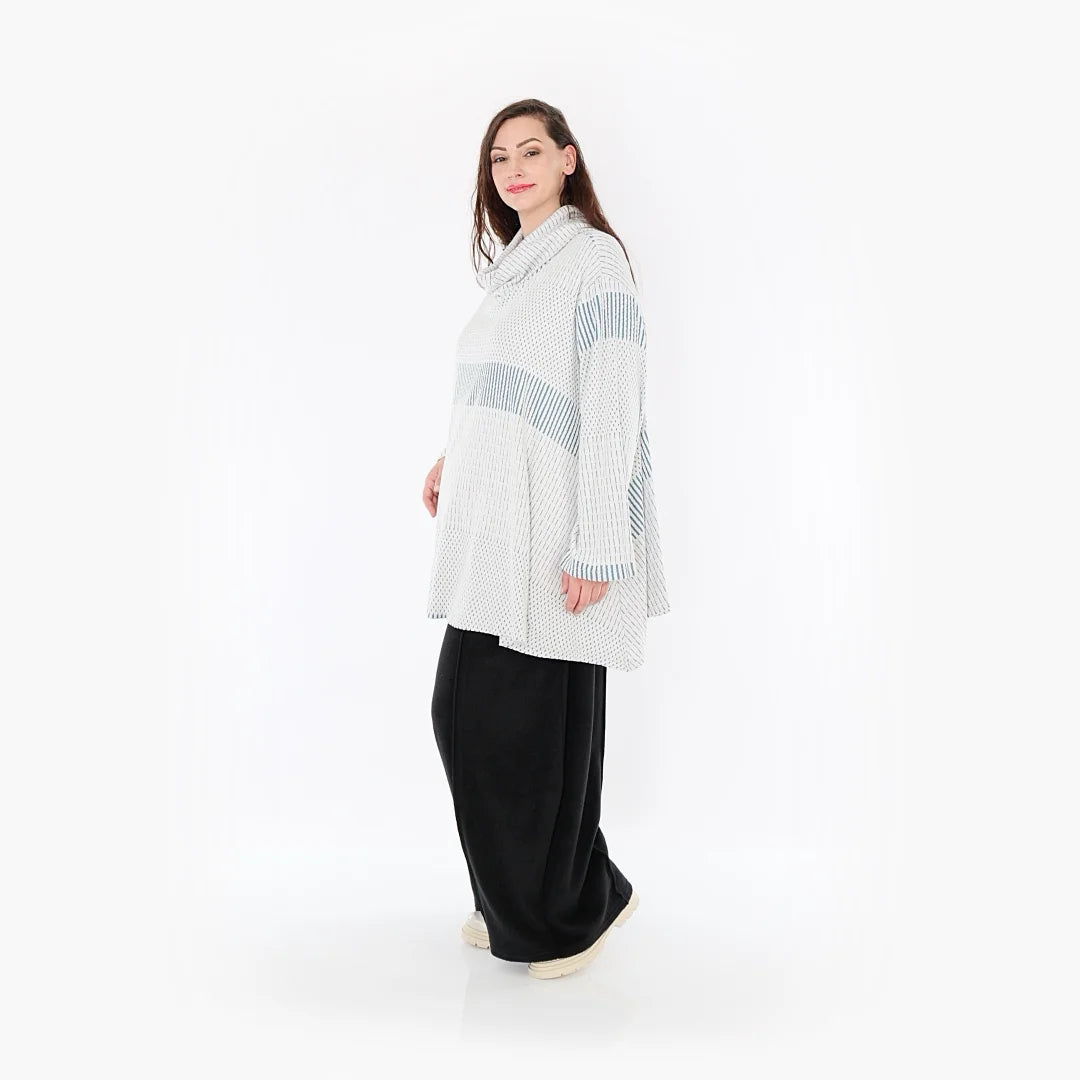  A-Form Bigshirt von AKH Fashion aus Viskose, 1377.0593R, Blau-Ecru, Gerippt, Schick, Modern