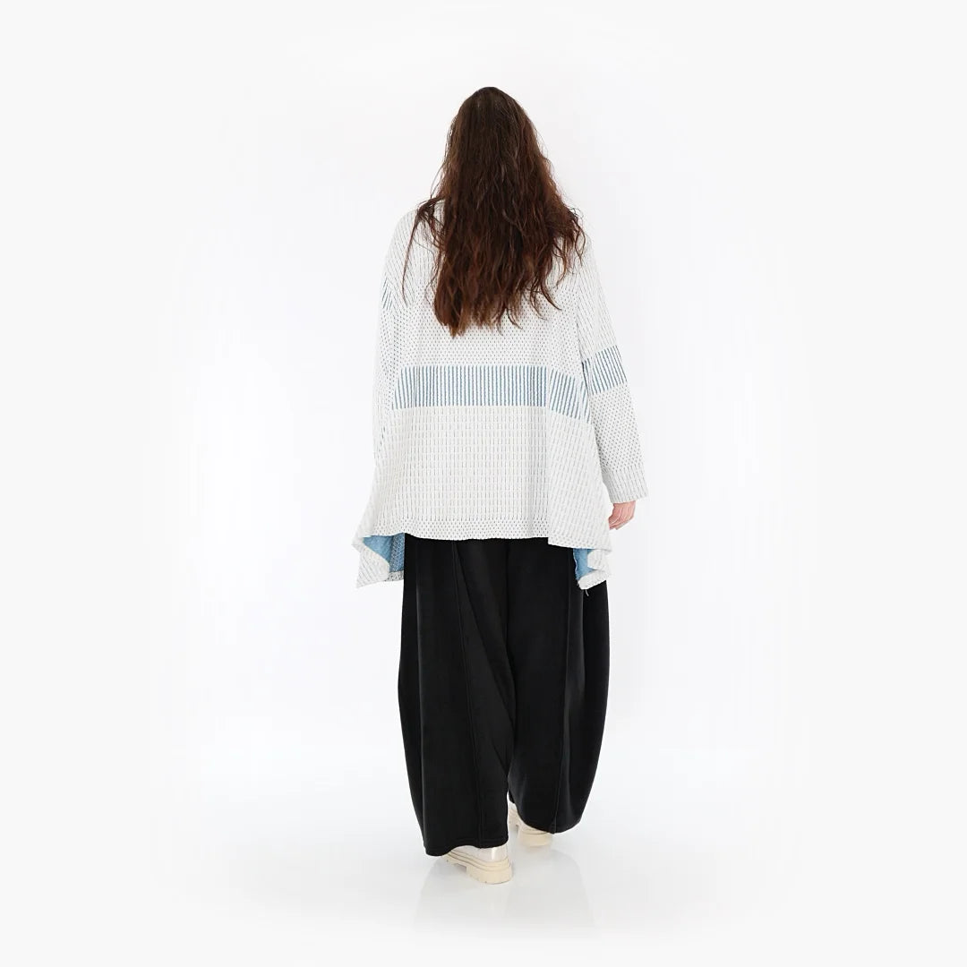  A-Form Bigshirt von AKH Fashion aus Viskose, 1377.0593R, Blau-Ecru, Gerippt, Schick, Modern