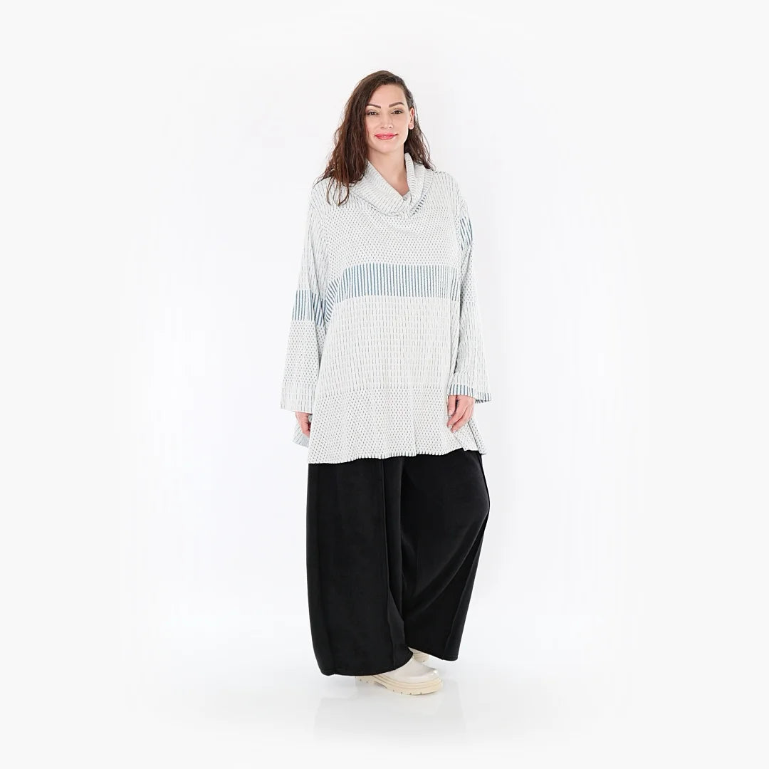  A-Form Bigshirt von AKH Fashion aus Viskose, 1377.0593R, Blau-Ecru, Gerippt, Schick, Modern