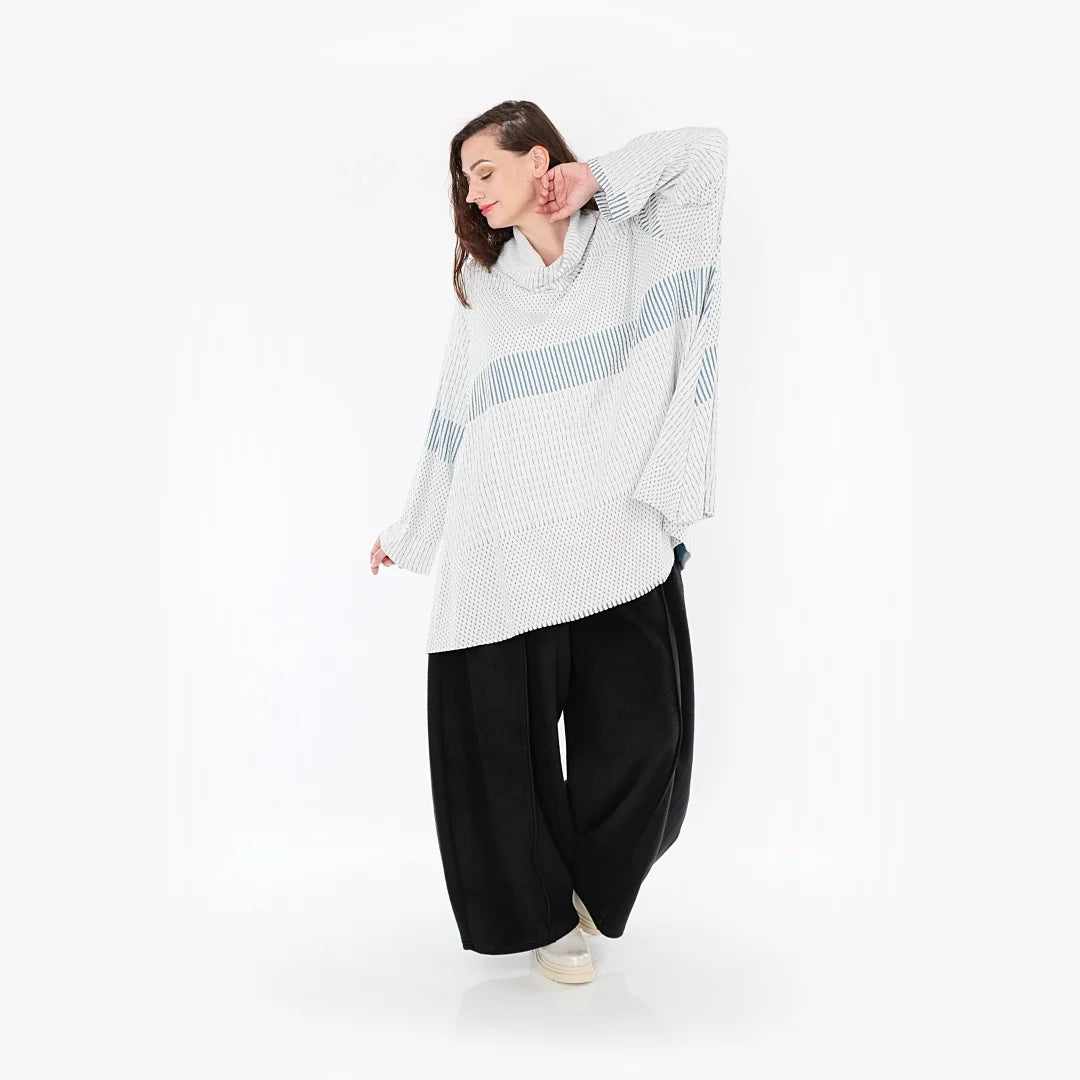  A-Form Bigshirt von AKH Fashion aus Viskose, 1377.0593R, Blau-Ecru, Gerippt, Schick, Modern