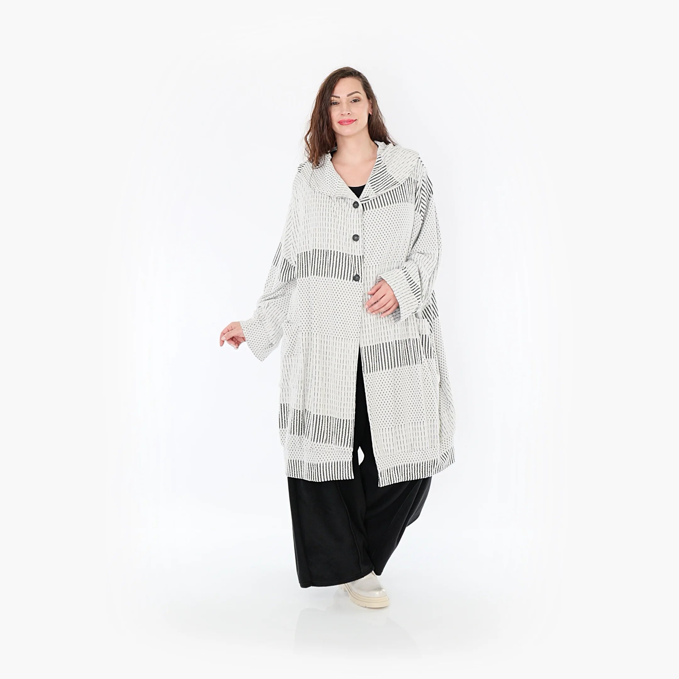  Ballonmantel von AKH Fashion aus Viskose, 1377.06518, Schwarz-Ecru, Gerippt, Schick