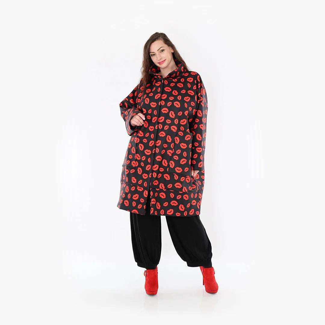  Stylischer Softshell-Mantel in Schwarz-Rot mit praktischem Reißverschluss und Taschen, Curvy Fashion