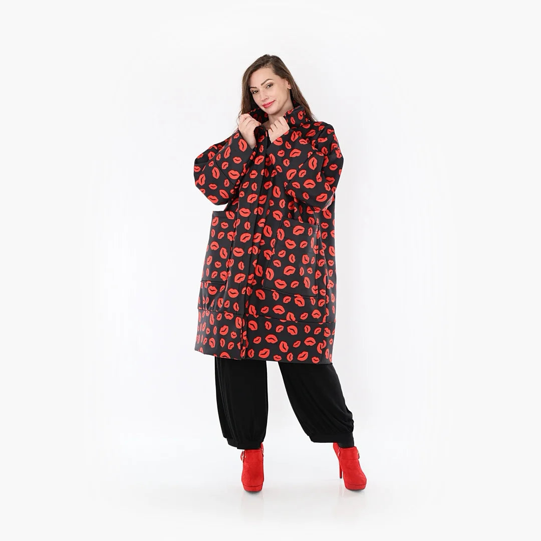  Stylischer Softshell-Mantel in Schwarz-Rot mit praktischem Reißverschluss und Taschen, Curvy Fashion