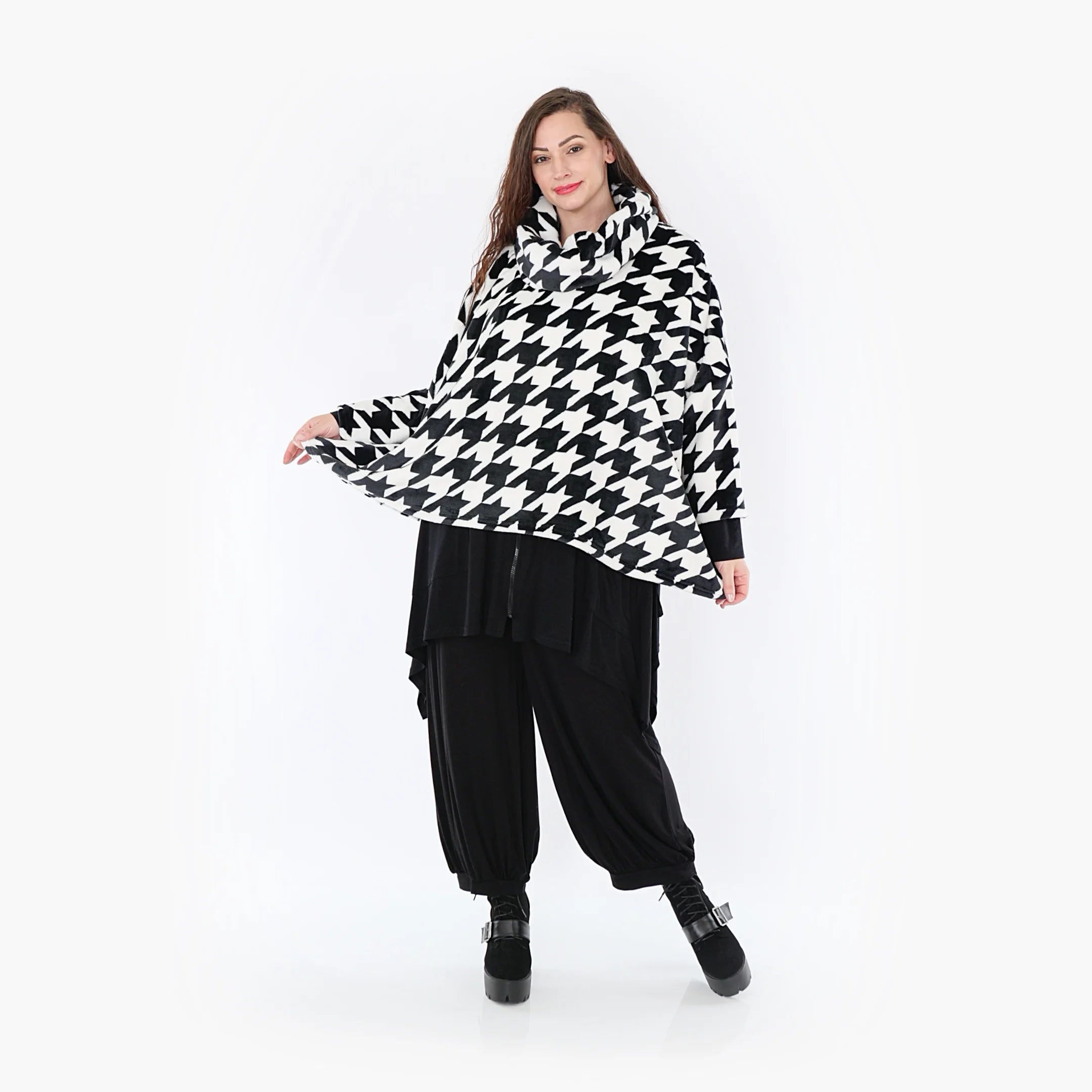  AKH Fashion Bigshirt in kastiger Form, aus Polyester, 1386.03019, Schwarz-Weiss, Hahnentritt