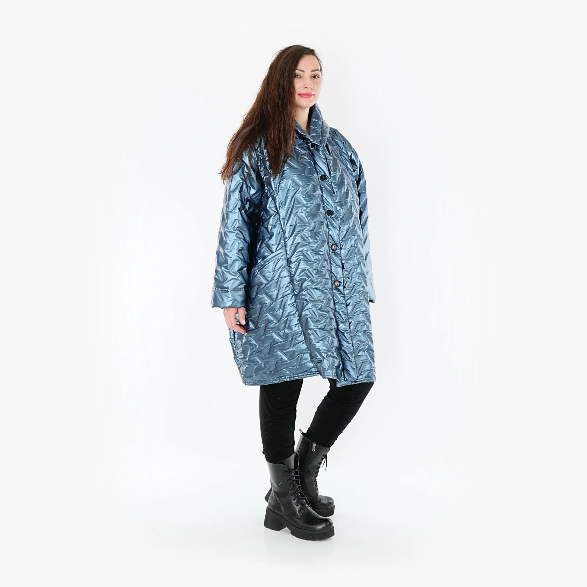  Trendige Steppjacke in elegantem Eisblau mit Ballonschnitt und gestreiftem Muster für Plus-Size