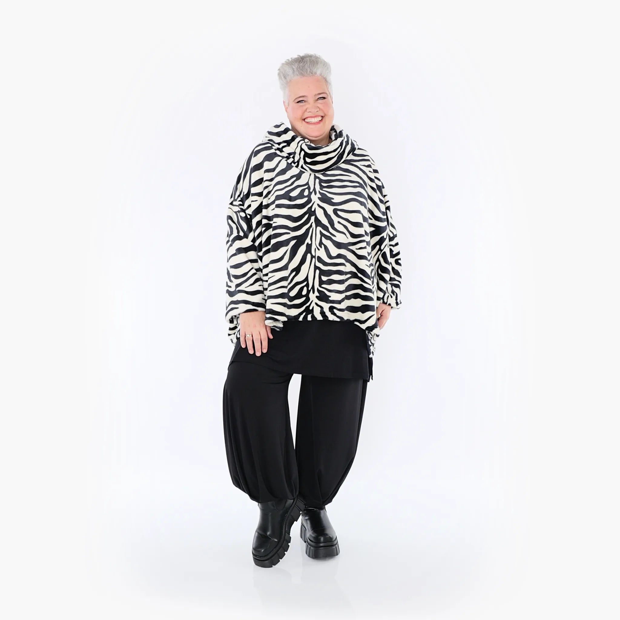  AKH Fashion Bigshirt in kastiger Form, aus Polyester, 1401.03019, Ecru-Schwarz, Zebra