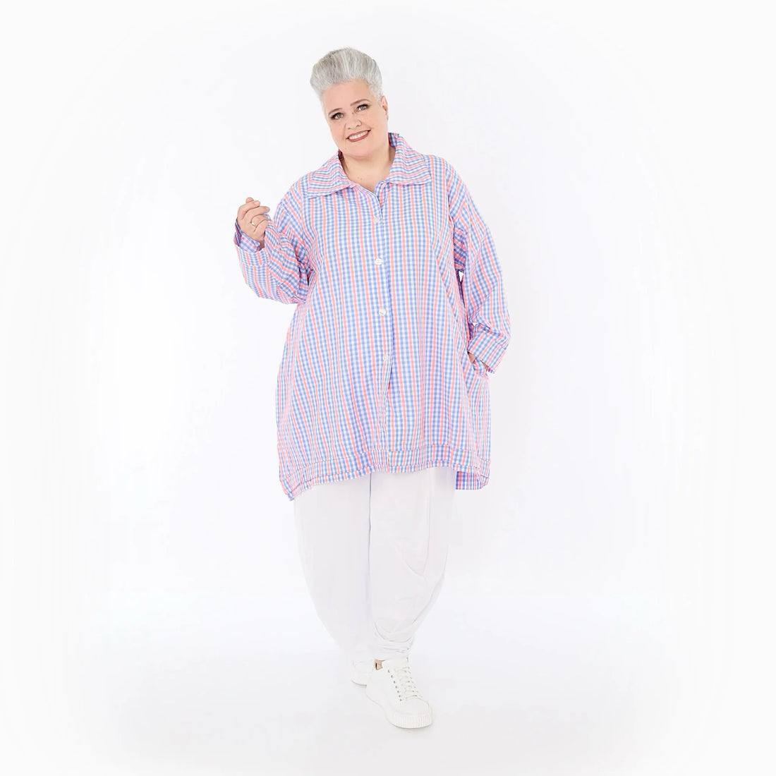  A-Form Bluse von AKH Fashion aus Baumwolle, 1505.07010, Blau/Weiß/Pink, Vichy-Karo, Schick